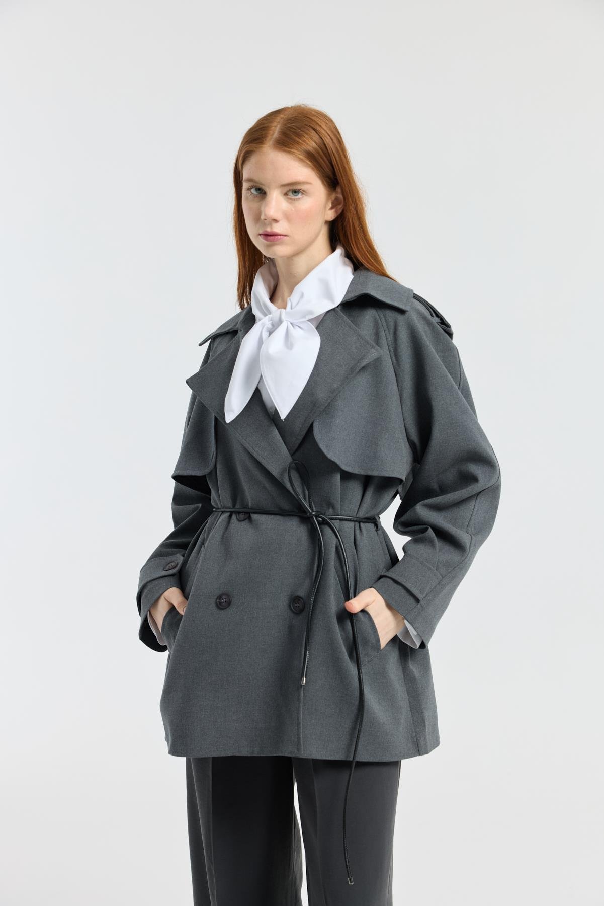 Aller Detaylı Deri Kemerli Trenç - Gri melanj