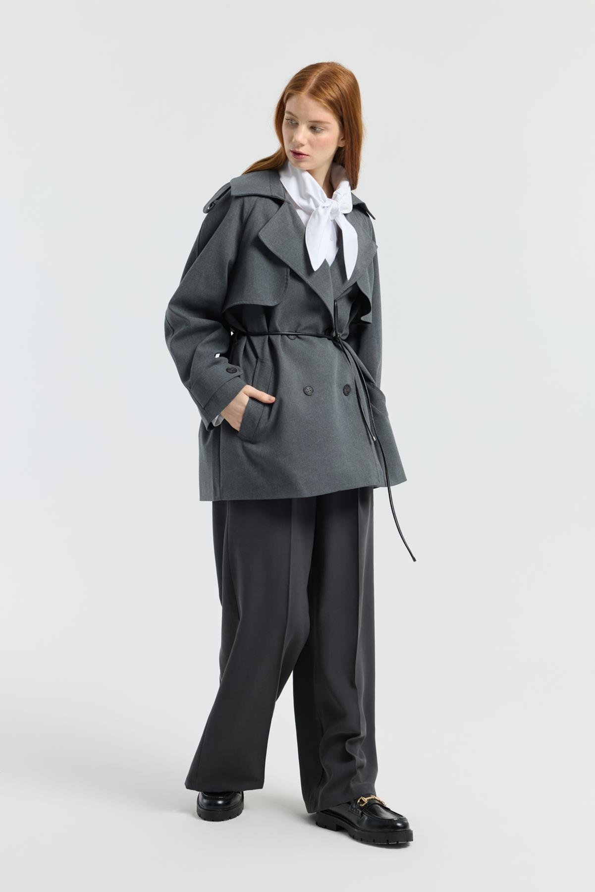 Aller Detaylı Deri Kemerli Trenç - Gri melanj