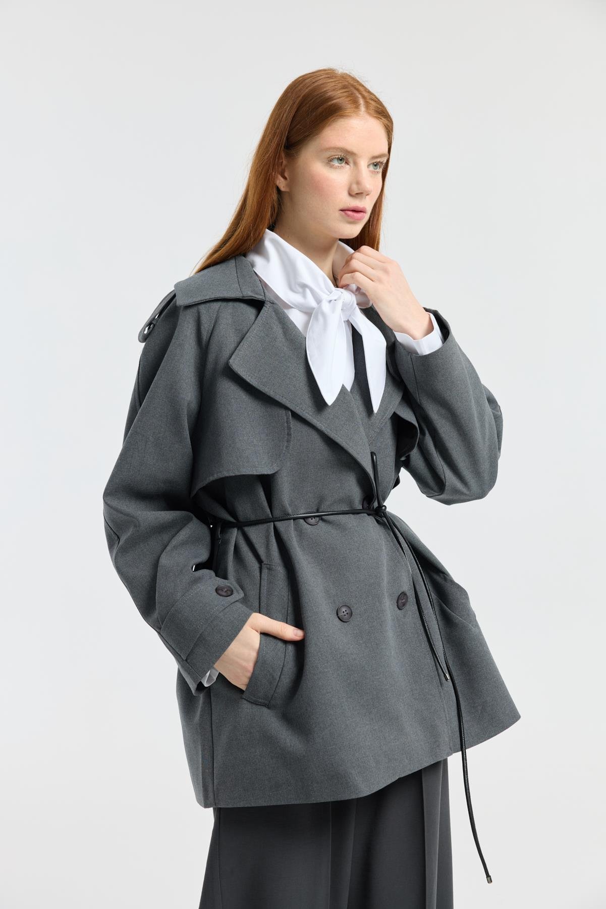 Aller Detaylı Deri Kemerli Trenç - Gri melanj