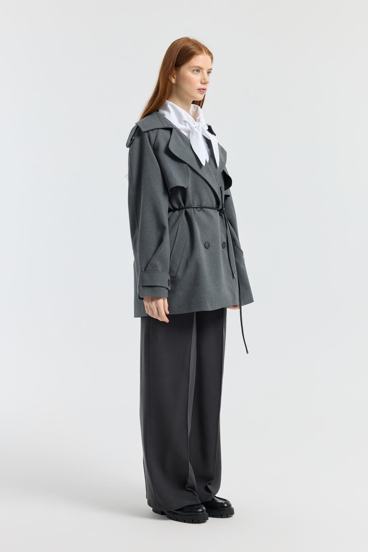 Aller Detaylı Deri Kemerli Trenç - Gri melanj