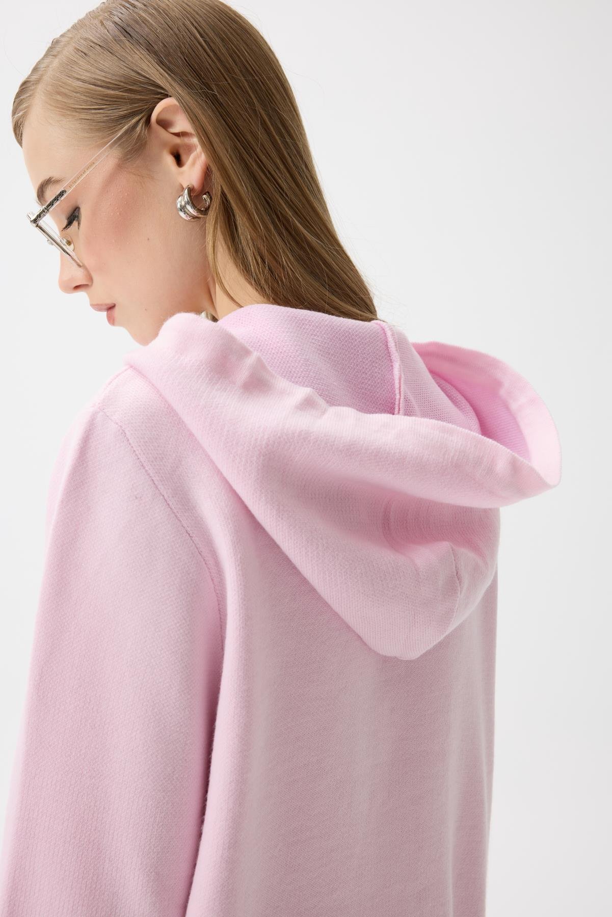 Alya Fermuarlı Kapüşonlu Hırka - Pudra