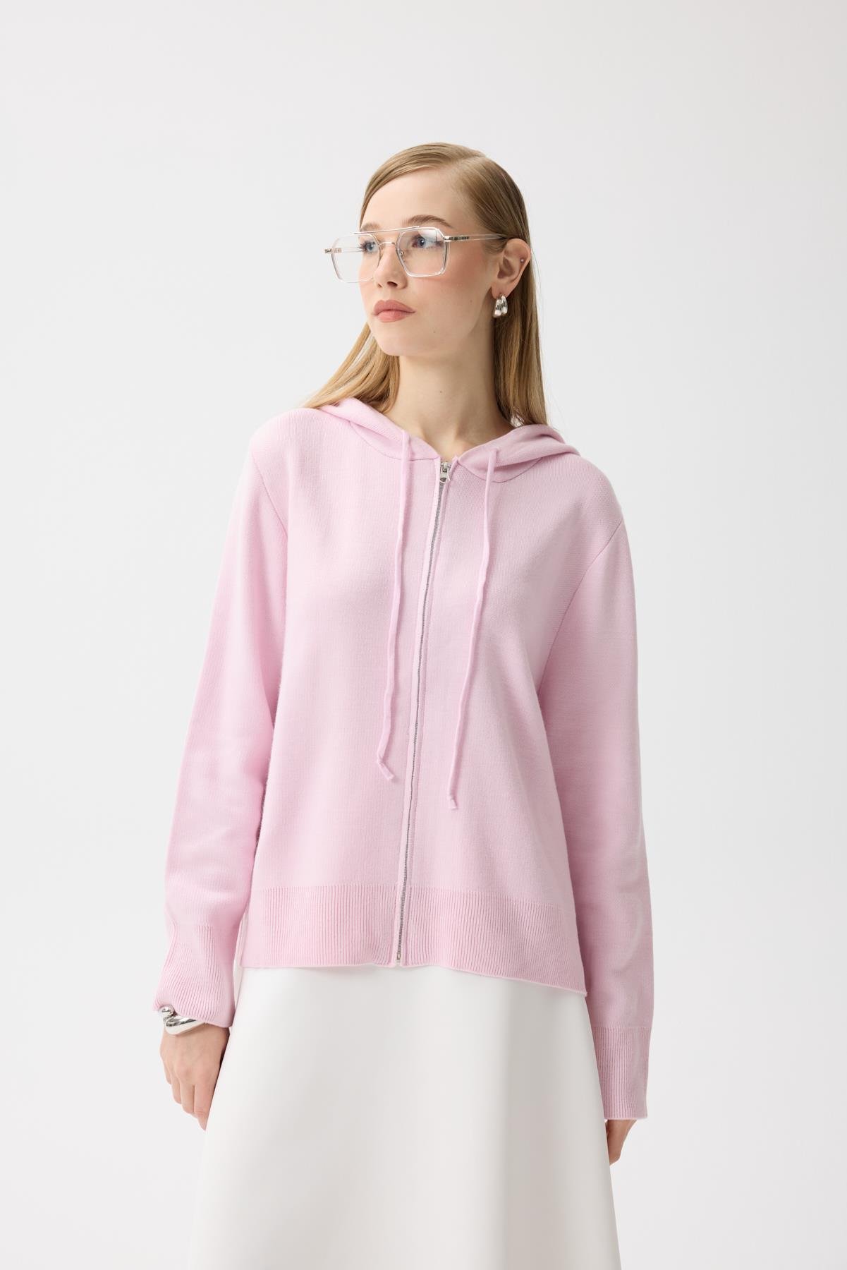 Alya Fermuarlı Kapüşonlu Hırka - Pudra