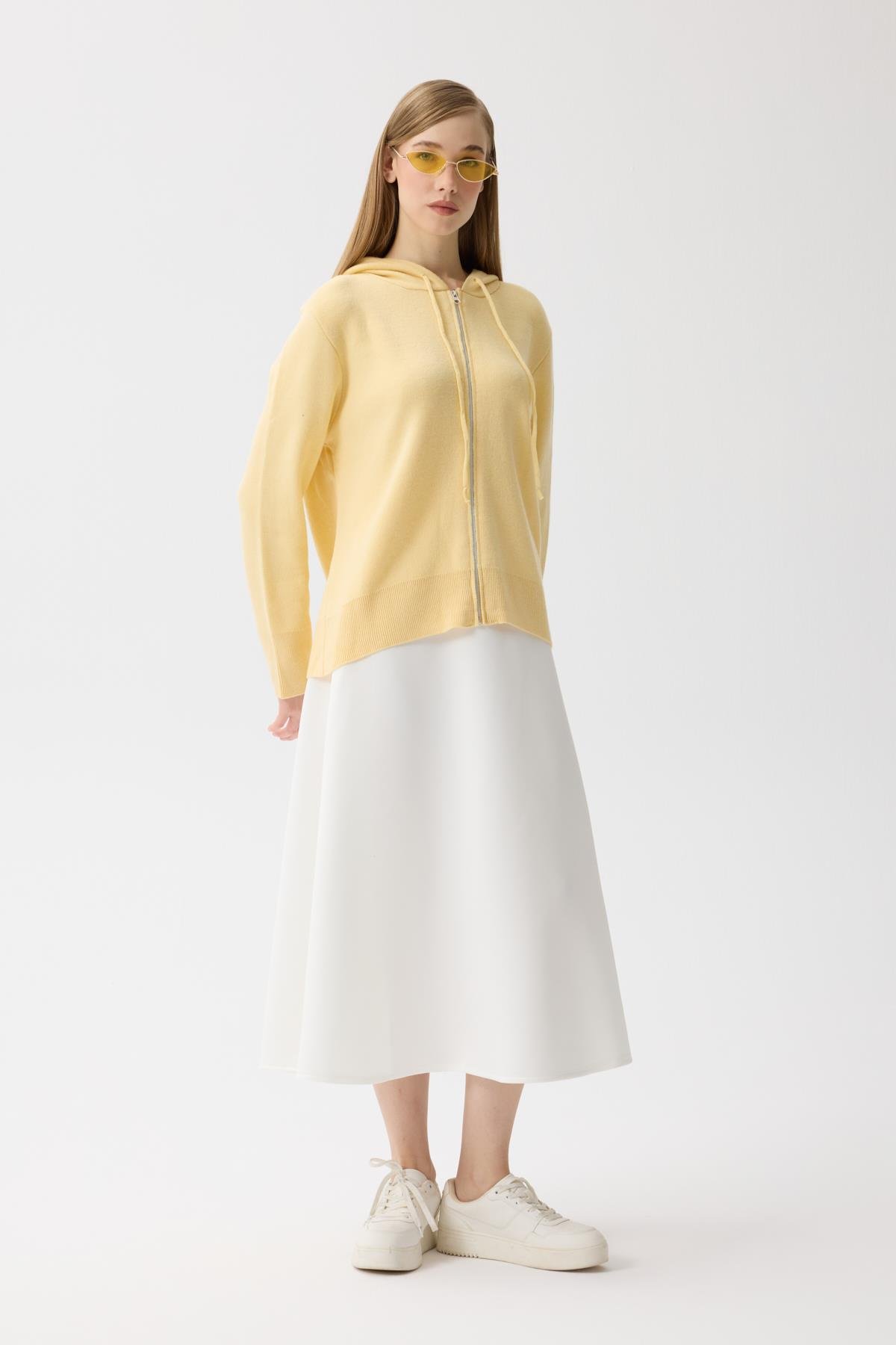 Alya Fermuarlı Kapüşonlu Hırka - Sarı 