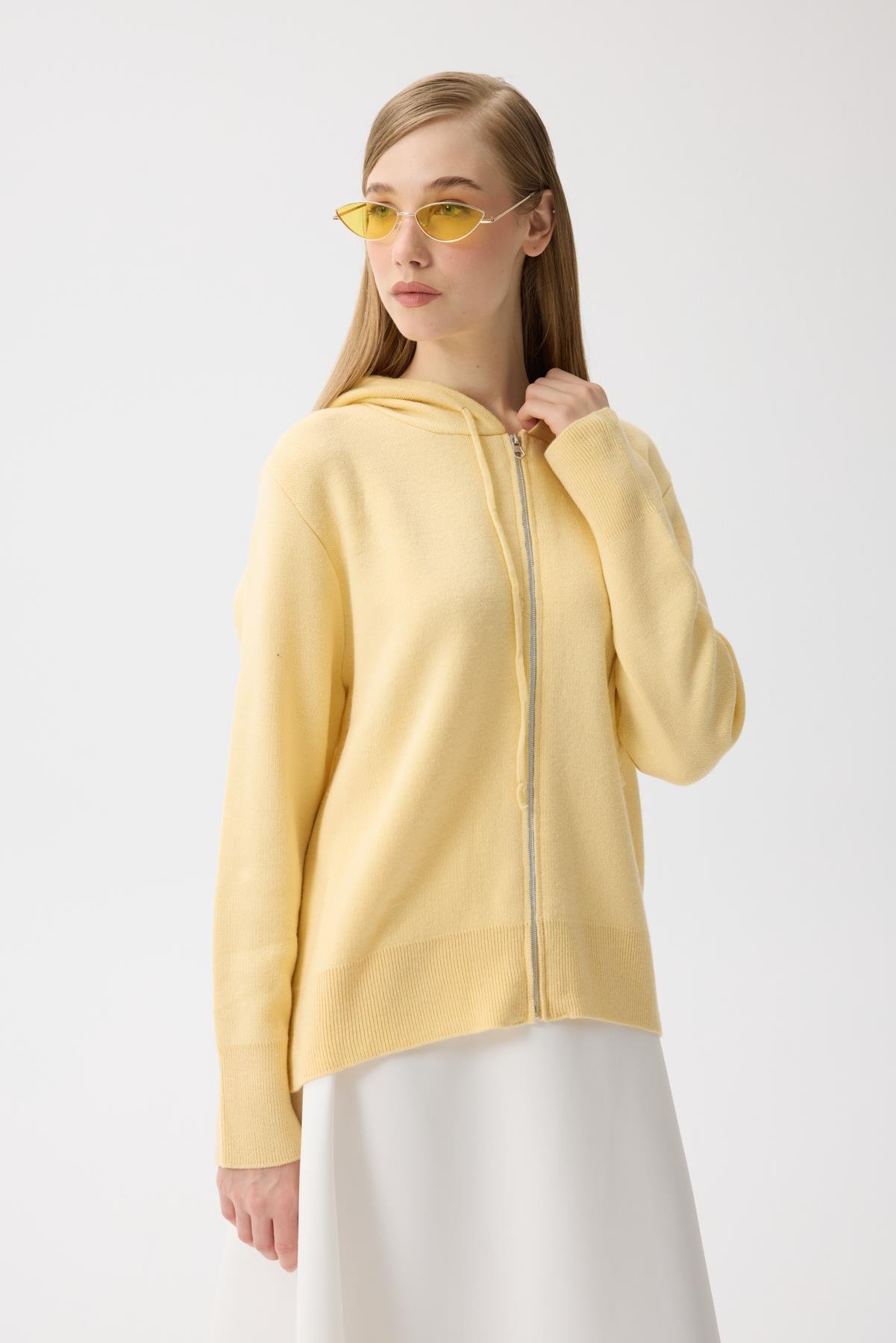 Alya Fermuarlı Kapüşonlu Hırka - Sarı 