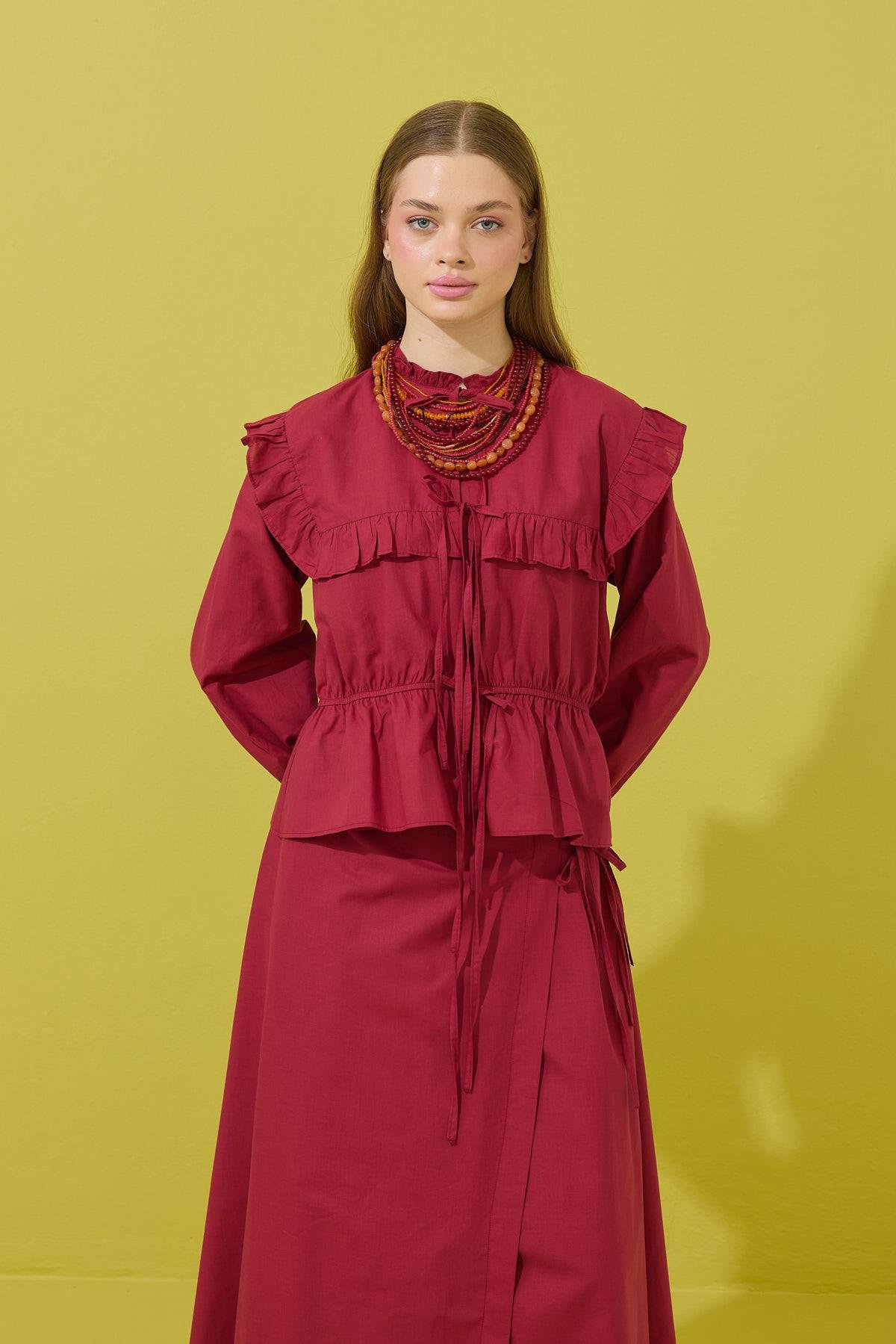 Amalfi Bağcıklı Geniş Yaka Vual Takım - Bordo 