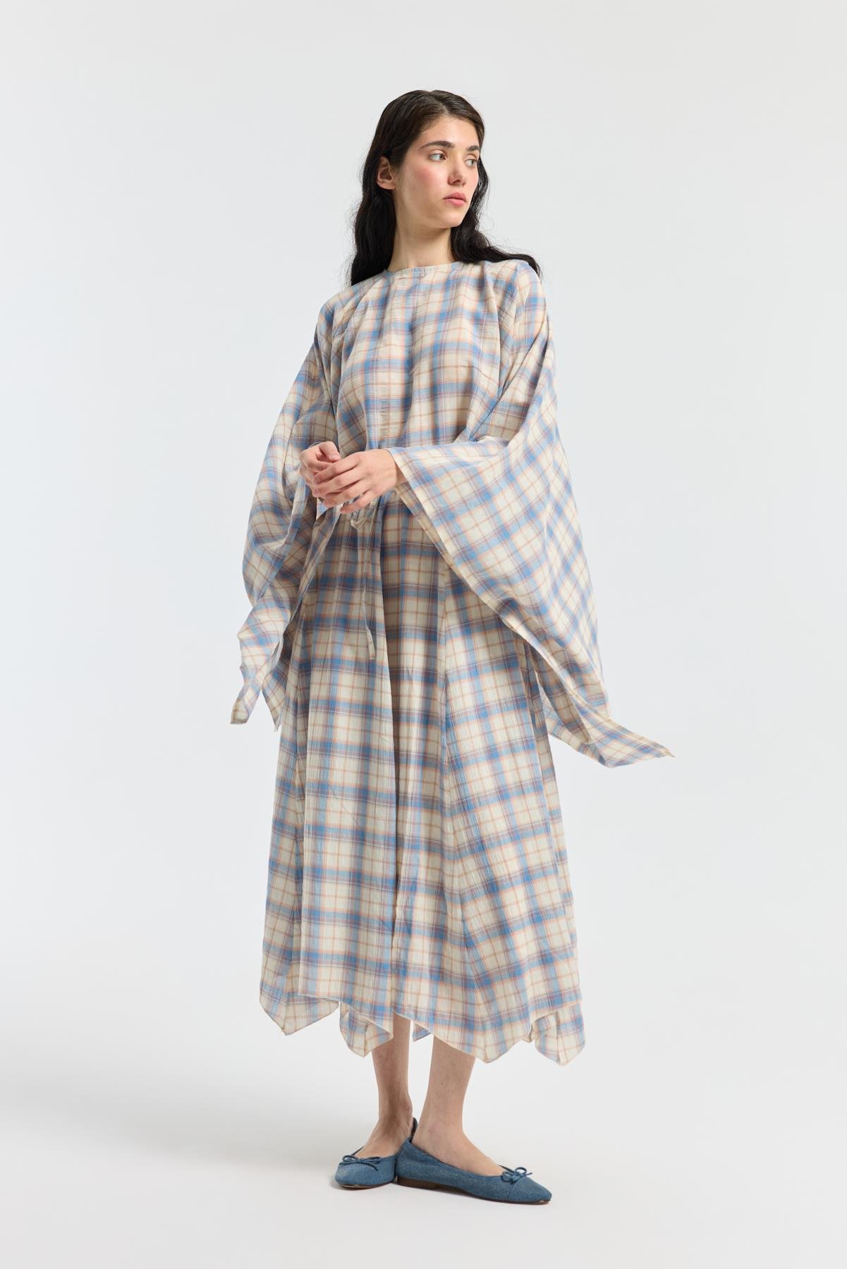 Amara Müslin Ekose Desenli Pelerin Takım - Mavi 