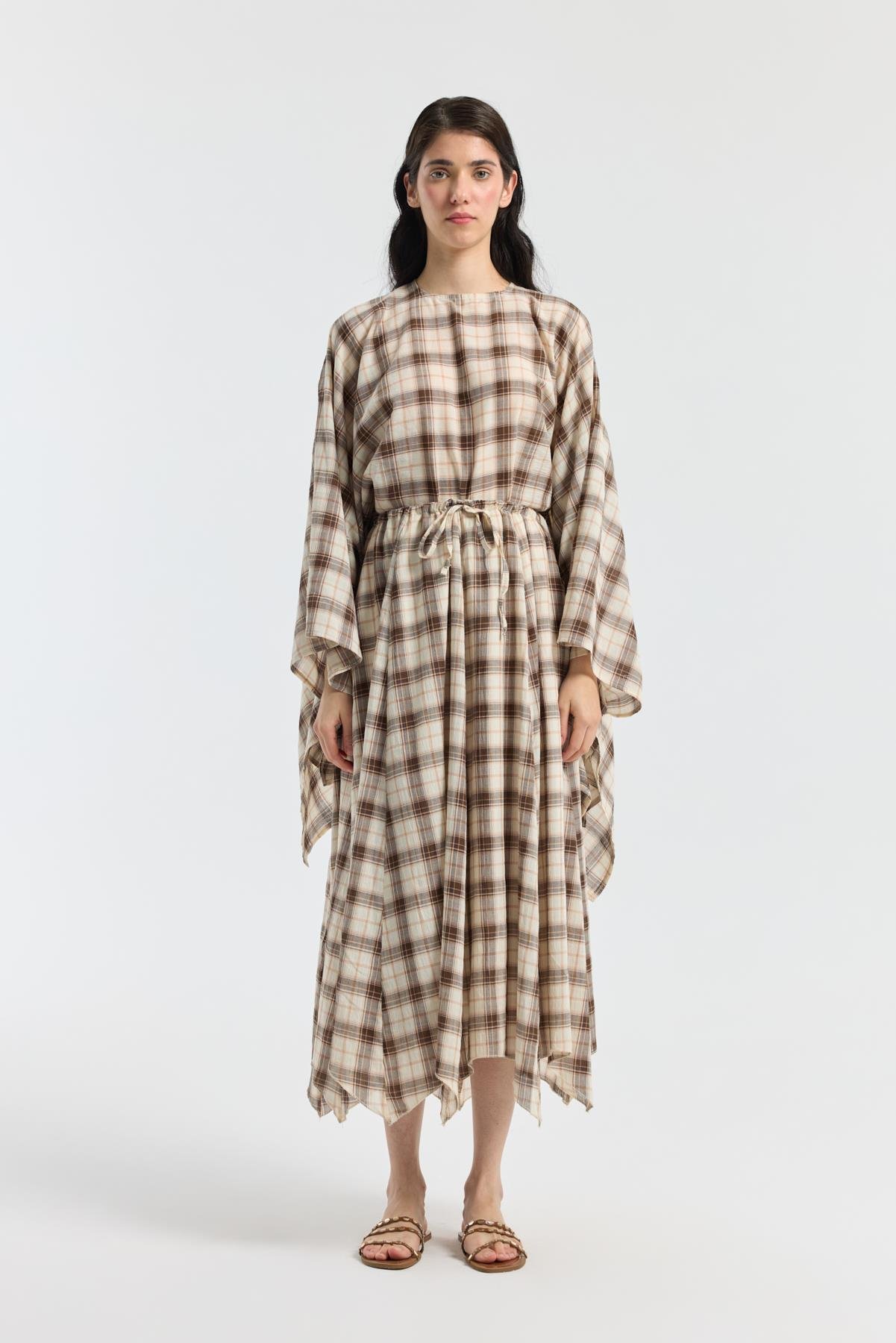 Amara Müslin Ekose Desenli Pelerin Takım - Kahverengi