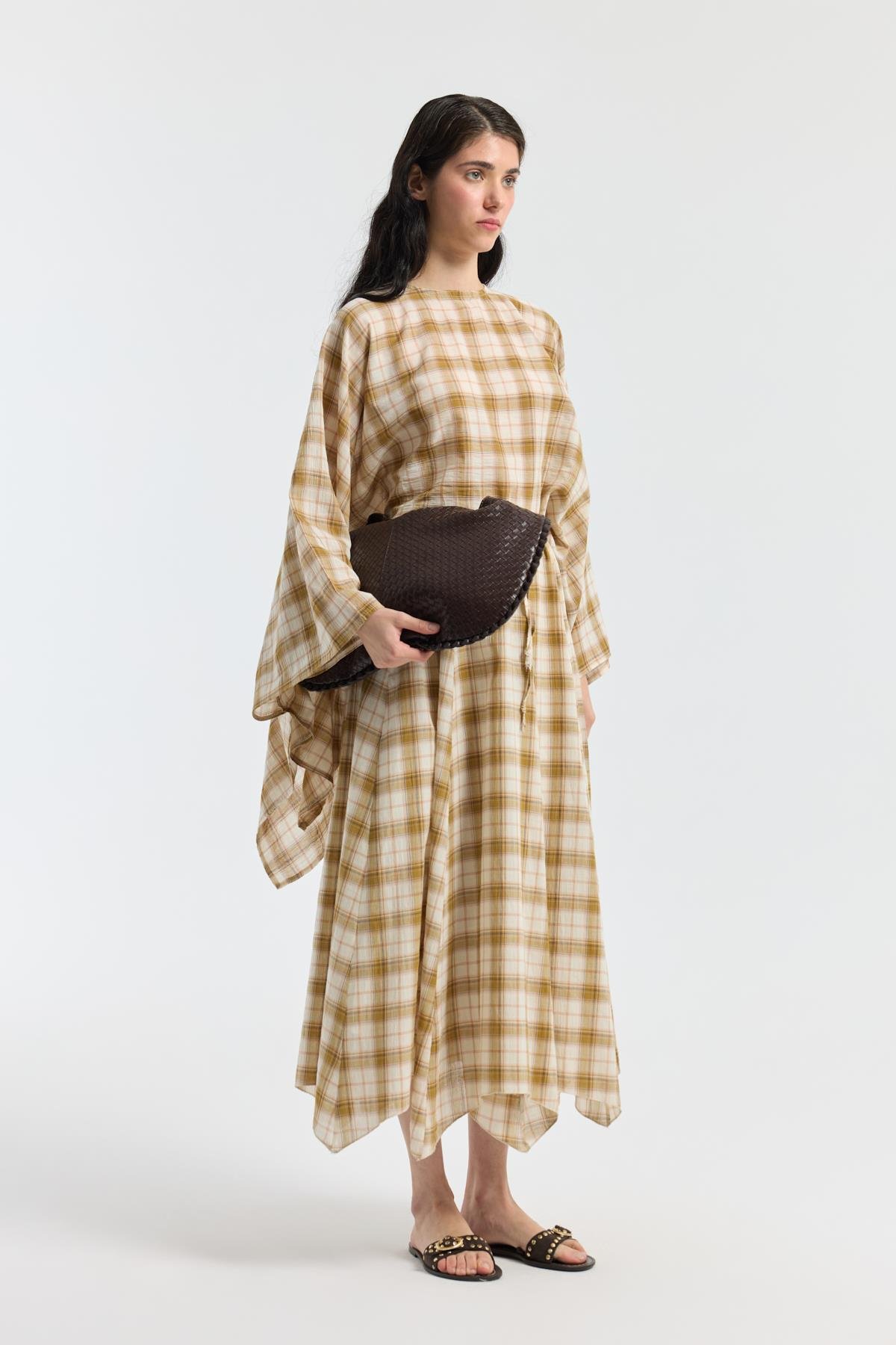 Amara Müslin Ekose Desenli Pelerin Takım  - Hardal