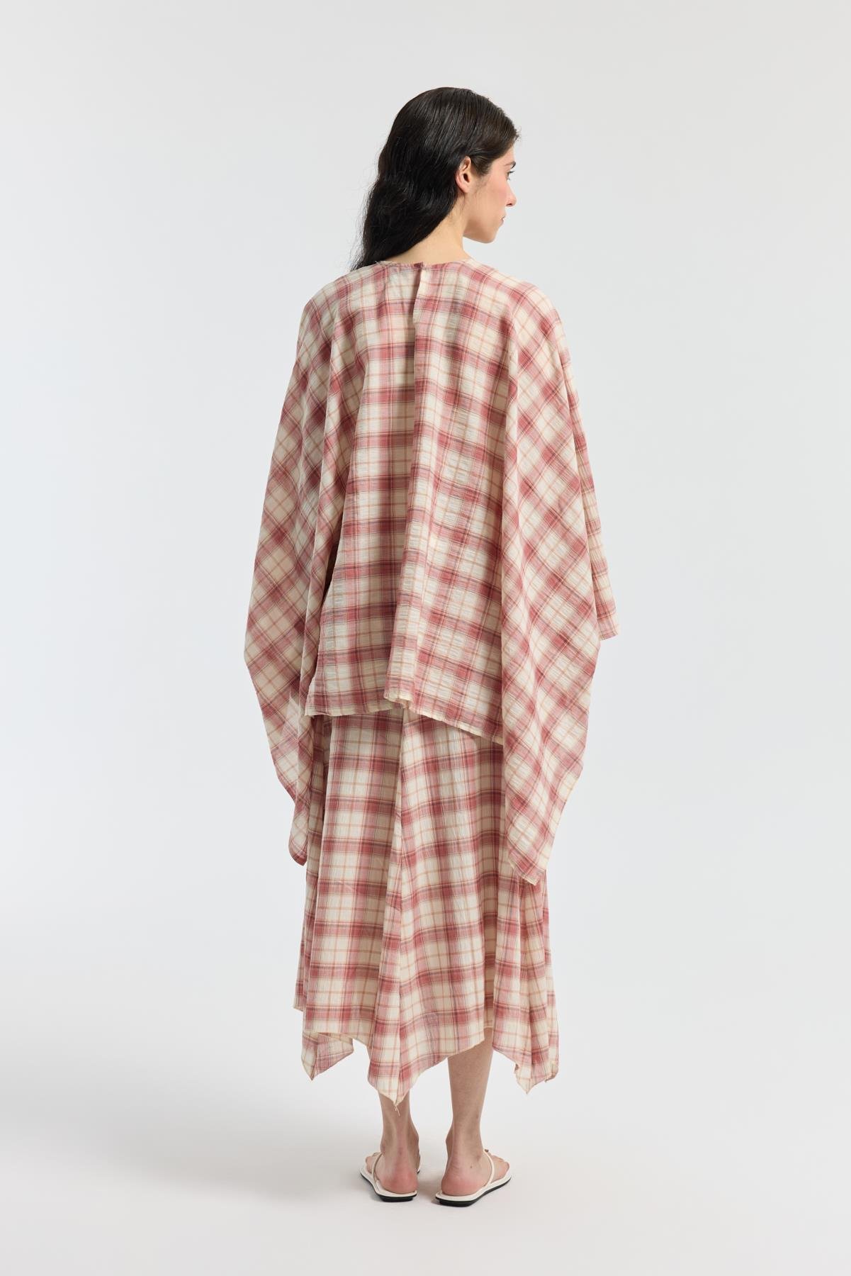 Amara Müslin Ekose Desenli Pelerin Takım - Kırmızı