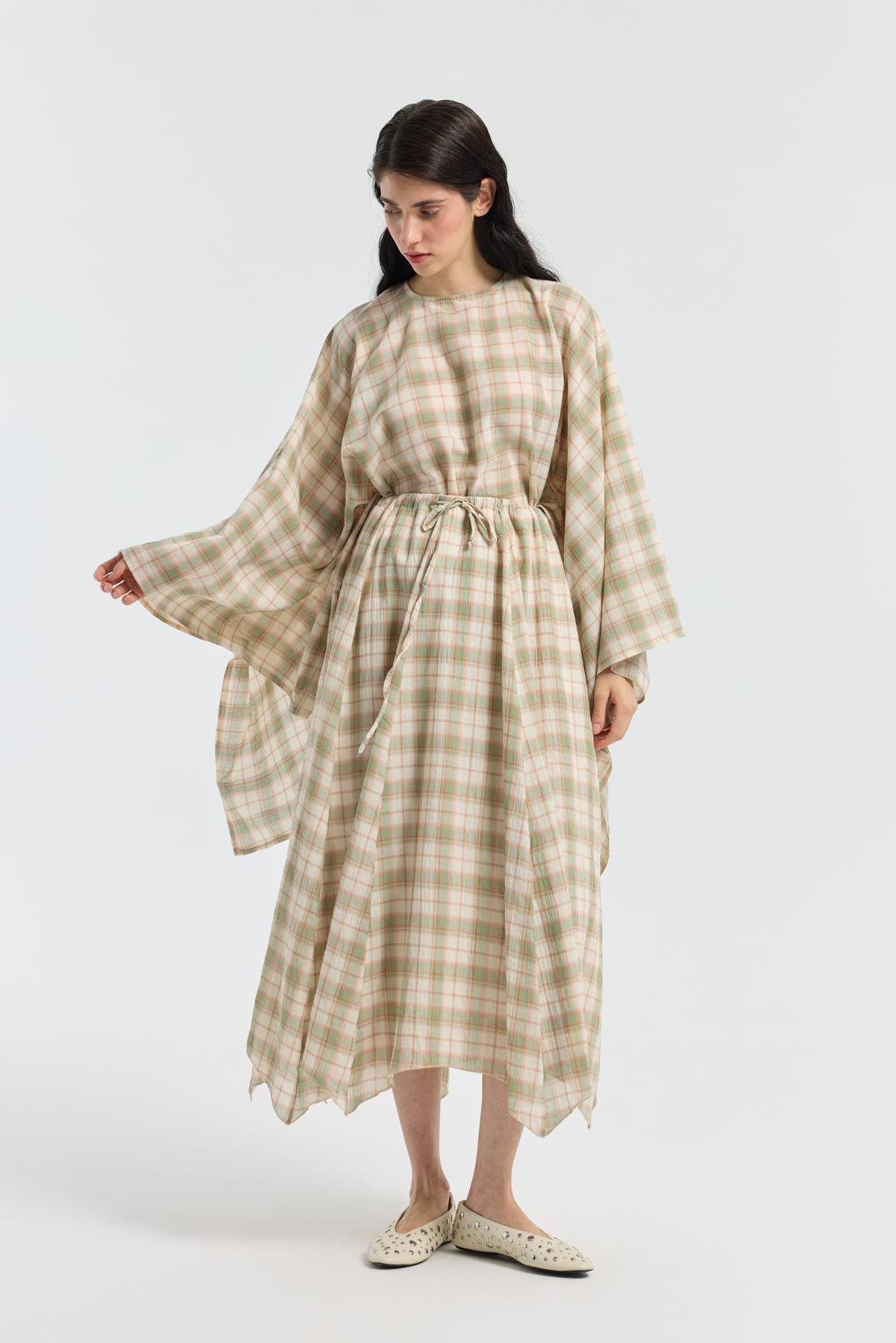 Amara Müslin Ekose Desenli Pelerin Takım - Çağla