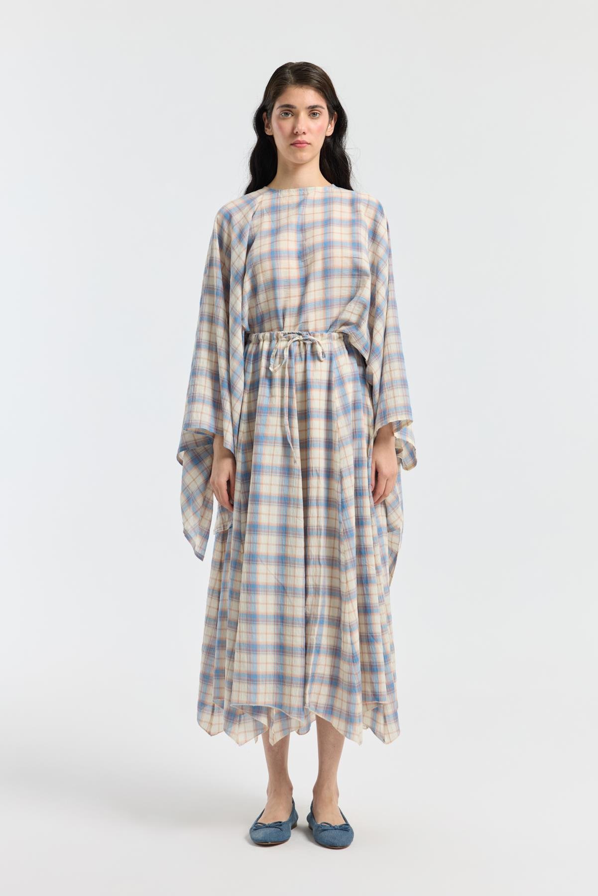 Amara Müslin Ekose Desenli Pelerin Takım - Mavi 