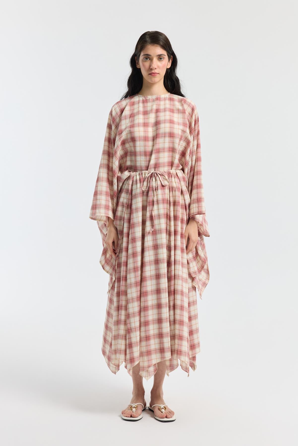 Amara Müslin Ekose Desenli Pelerin Takım - Kırmızı