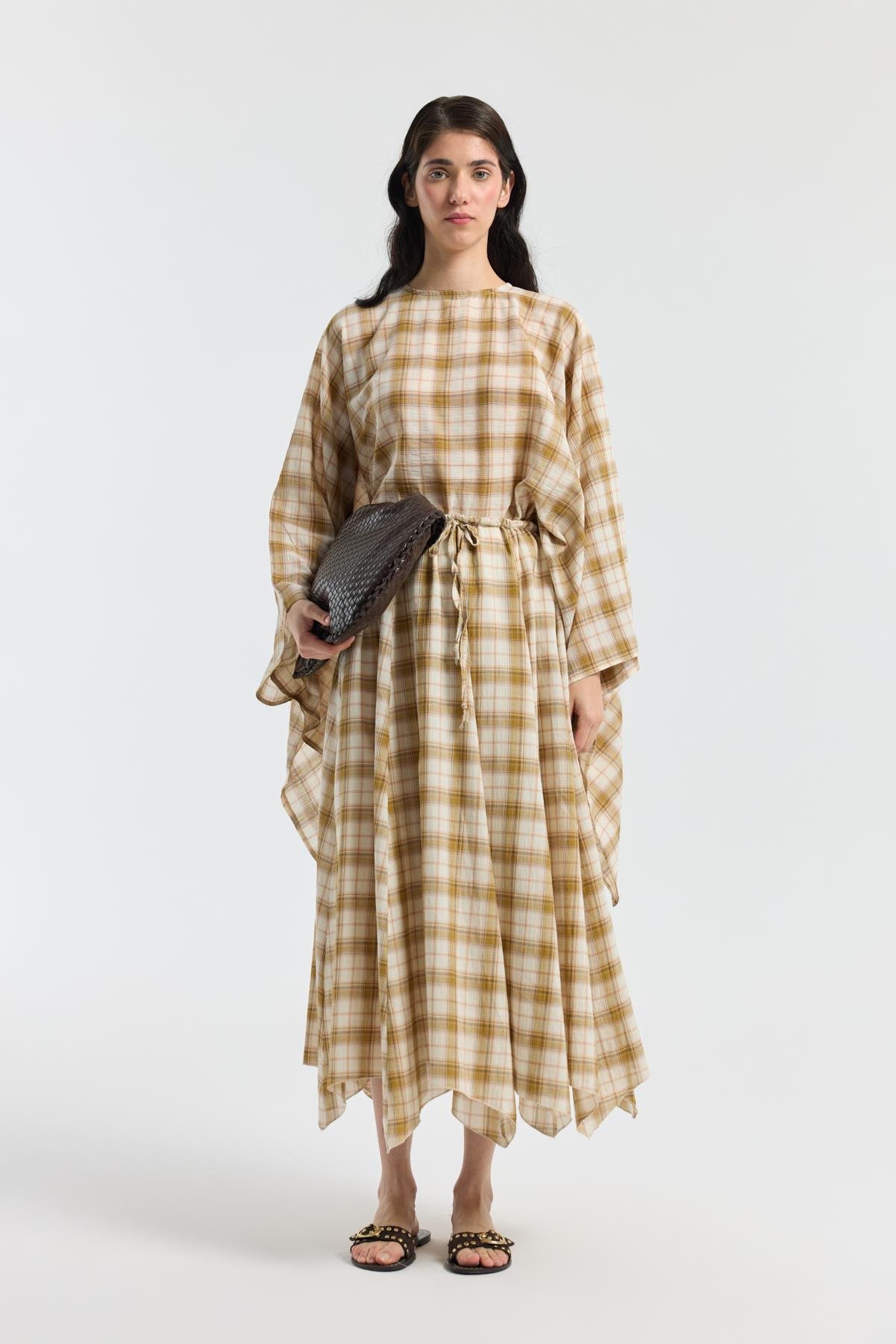 Amara Müslin Ekose Desenli Pelerin Takım  - Hardal