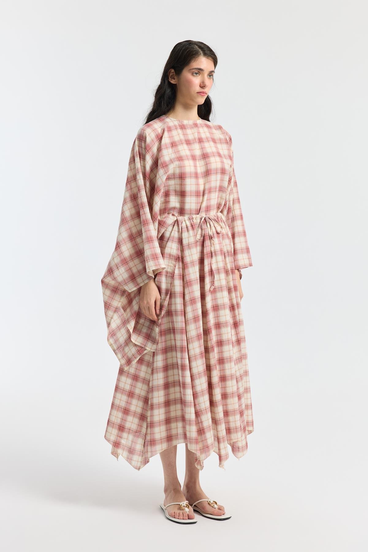 Amara Müslin Ekose Desenli Pelerin Takım - Kırmızı