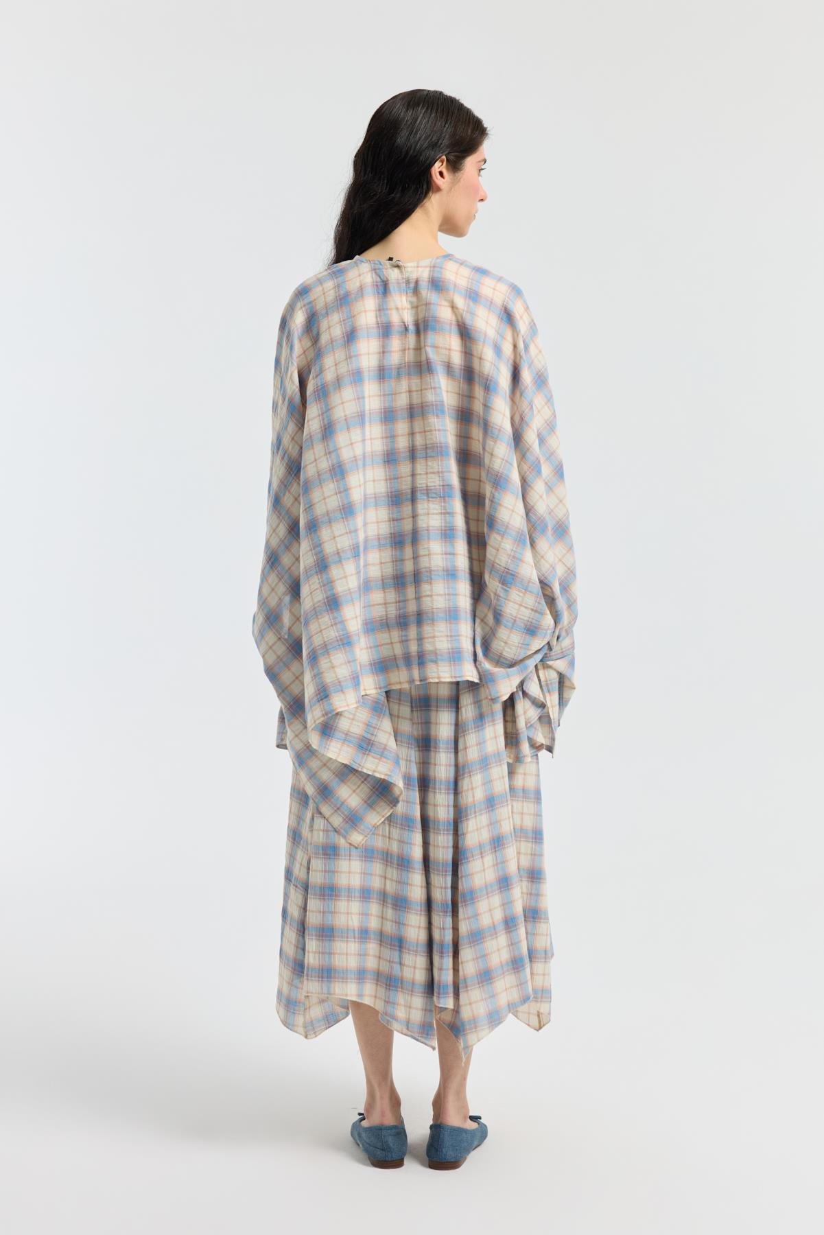 Amara Müslin Ekose Desenli Pelerin Takım - Mavi 