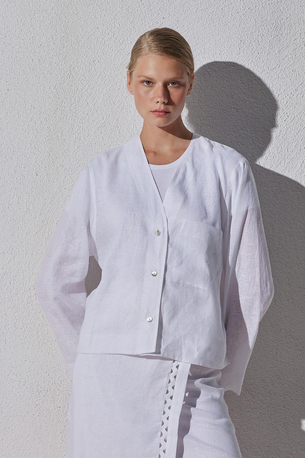 Amber Linen Düğmeli Bluz - Beyaz