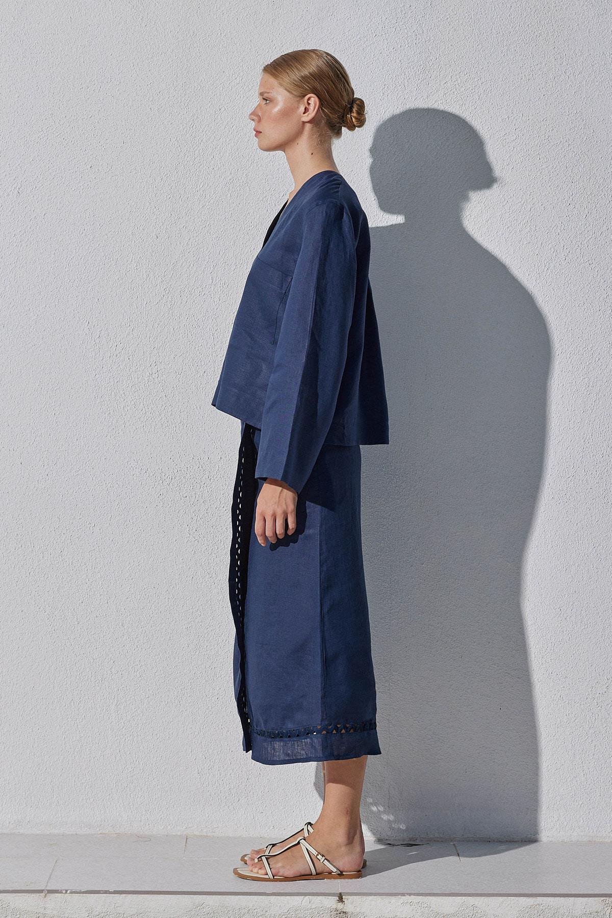Amber Linen Düğmeli Bluz - Lacivert