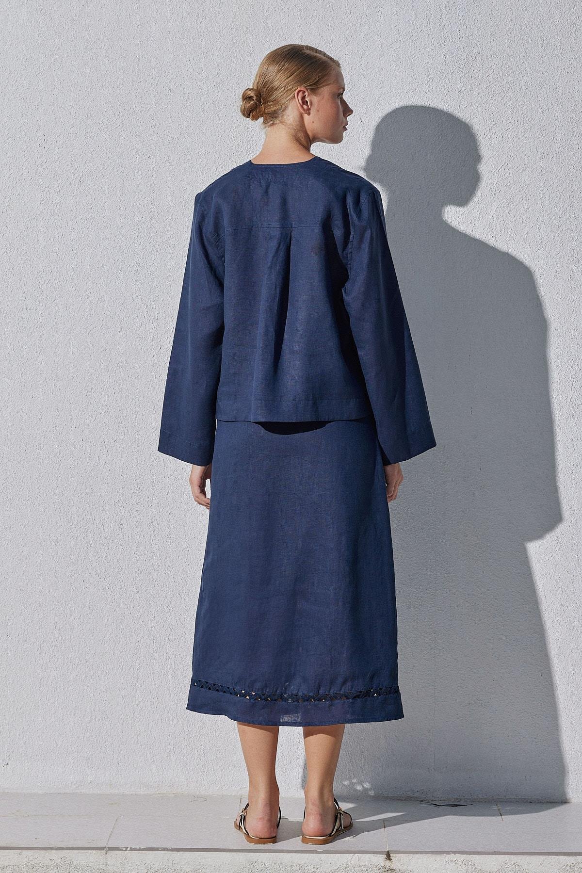 Amber Linen Düğmeli Bluz - Lacivert