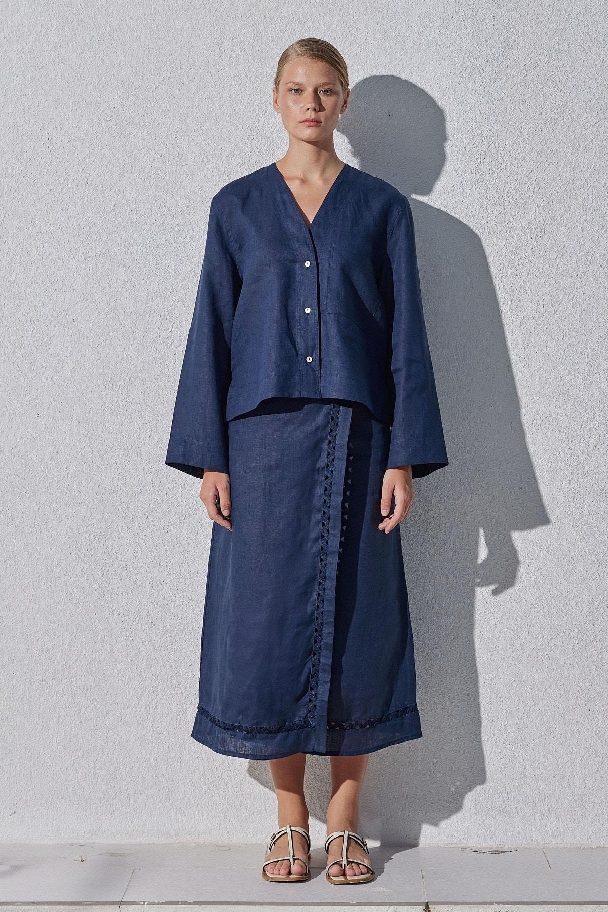 Amber Linen Düğmeli Bluz - Lacivert
