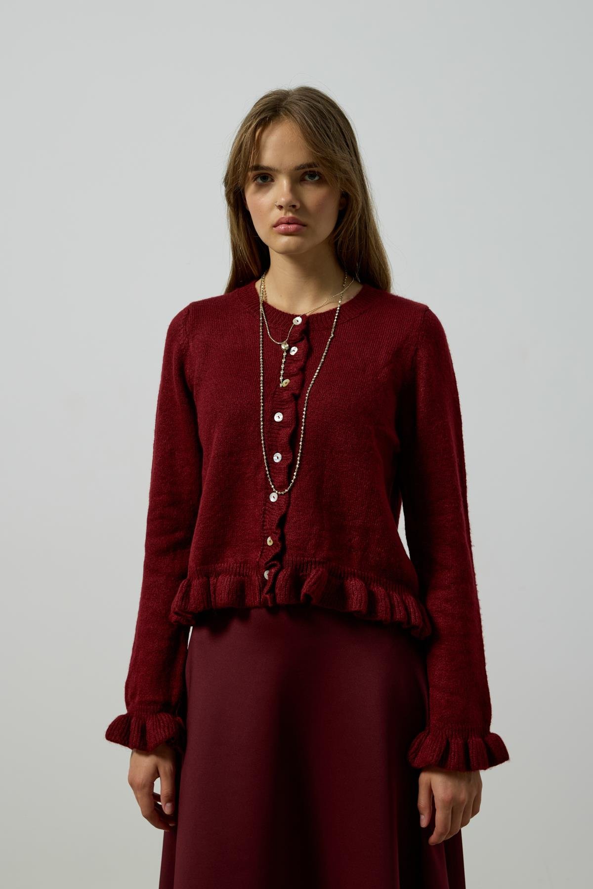 Amelia Fırfır Detaylı Hırka - Bordo