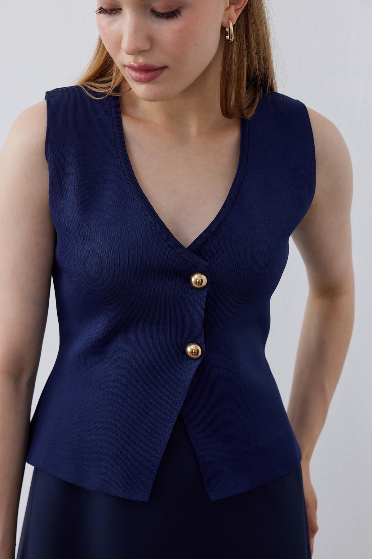 Anastasia Çelik Örme Gold Düğmeli Yelek - Lacivert