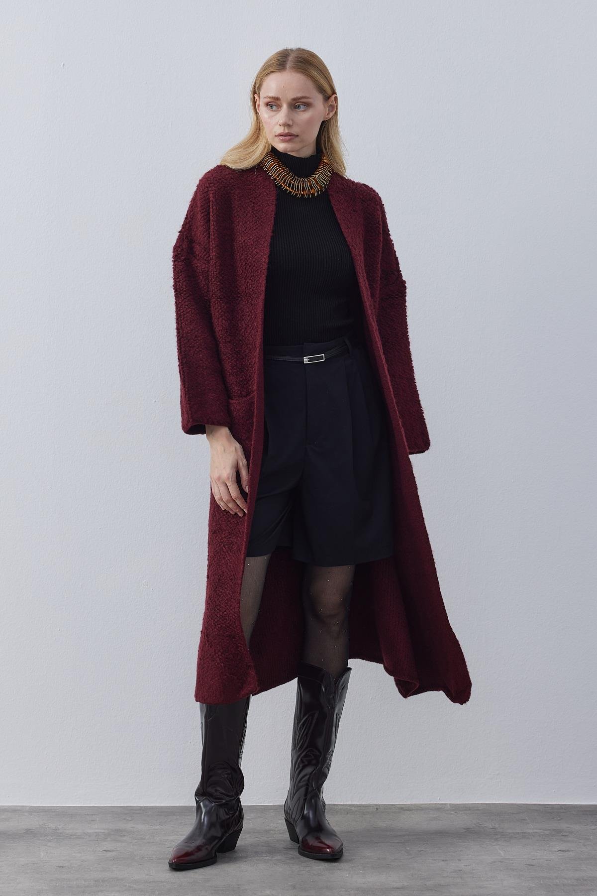 Angelina Şal Yaka Dokulu Hırka- Bordo