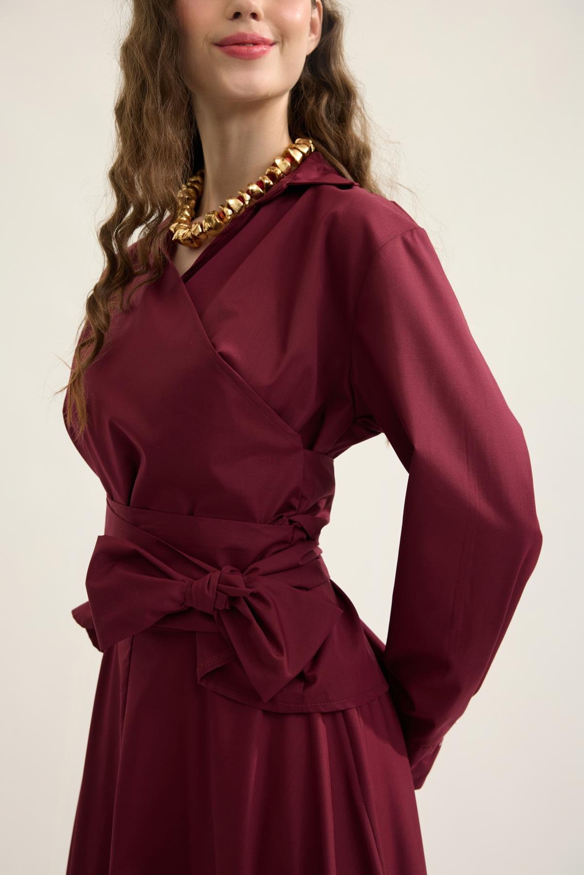 Anna Bağlamalı Poplin Takım - Bordo