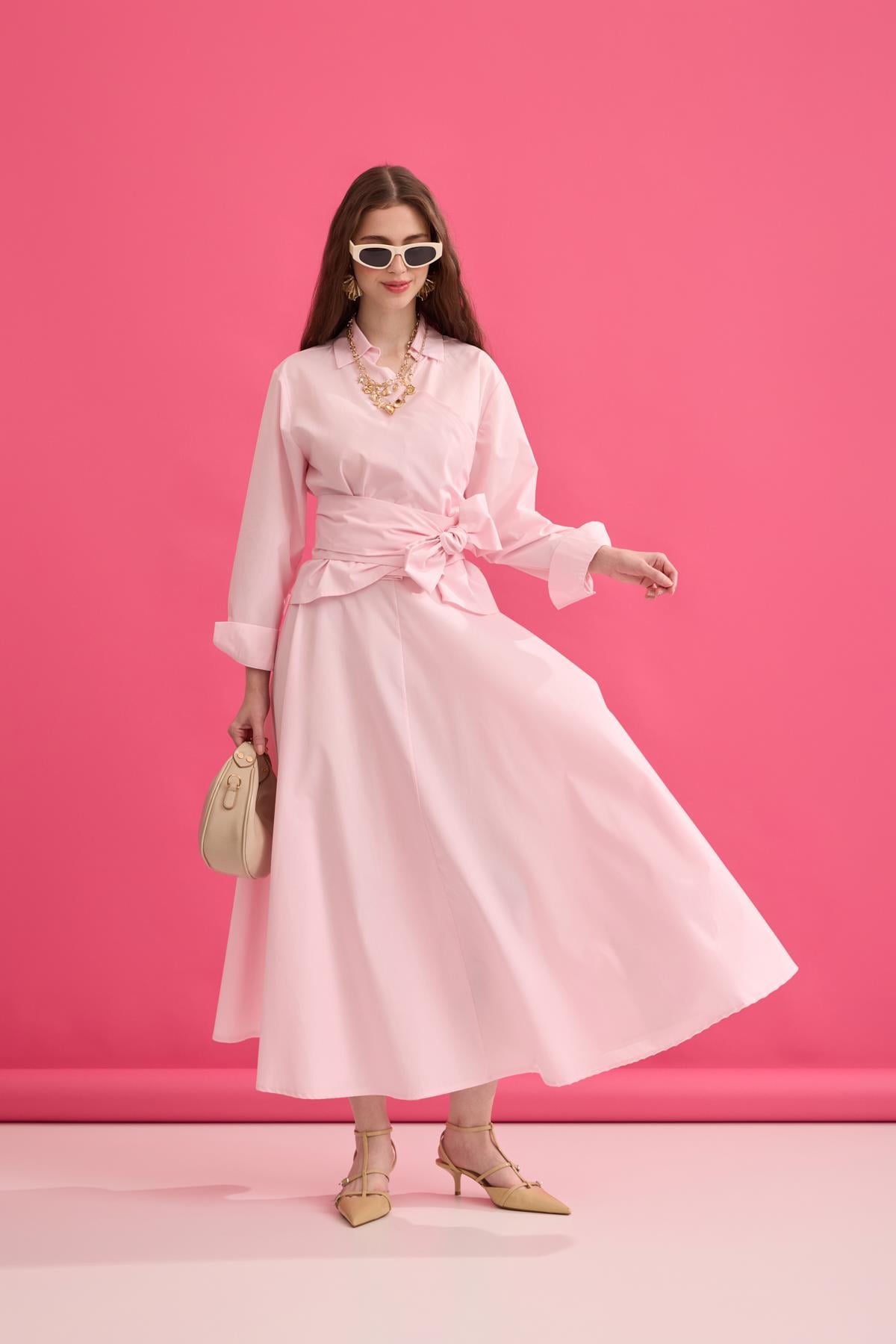 Anna Bağlamalı Poplin Takım - Pembe