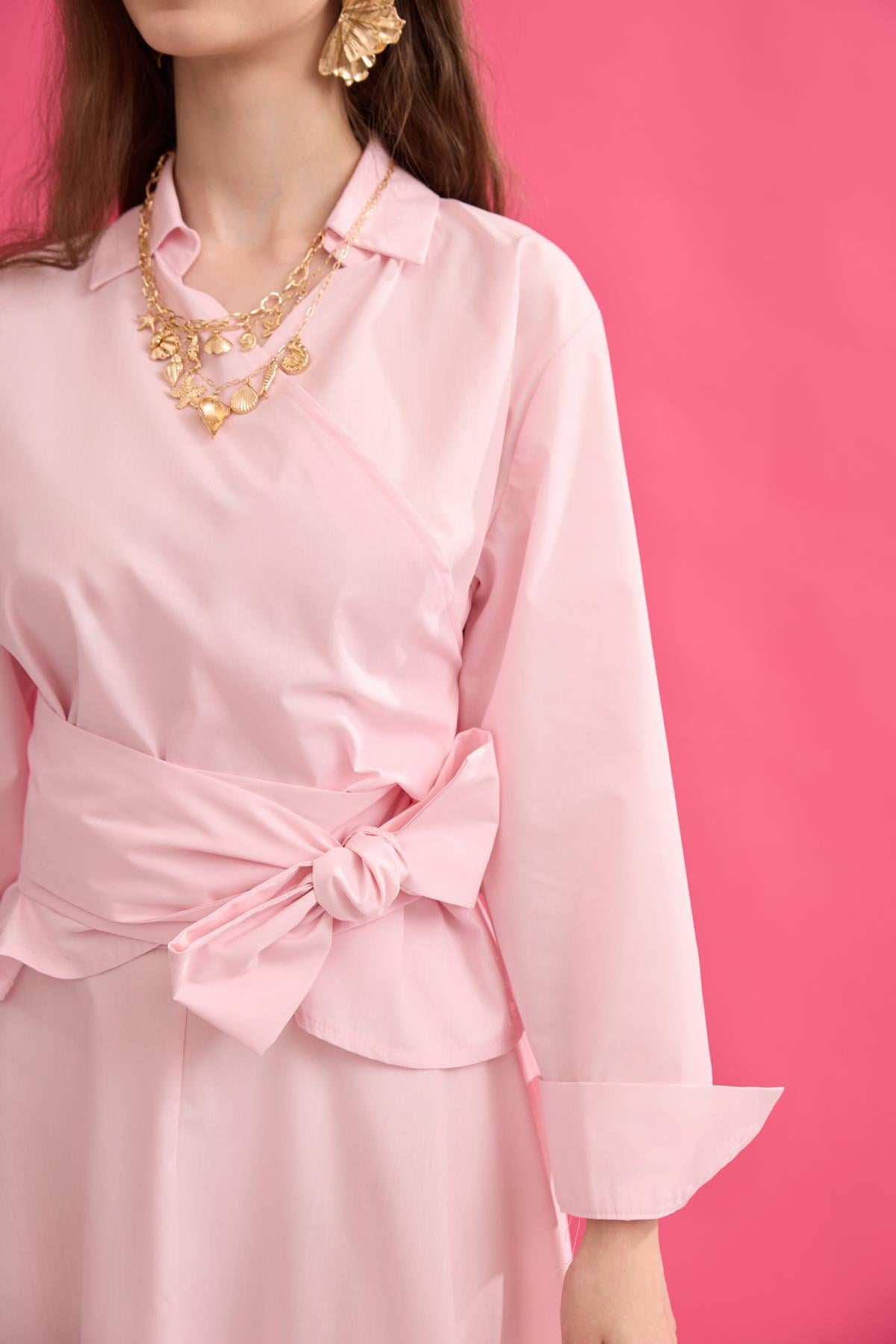 Anna Bağlamalı Poplin Takım - Pembe