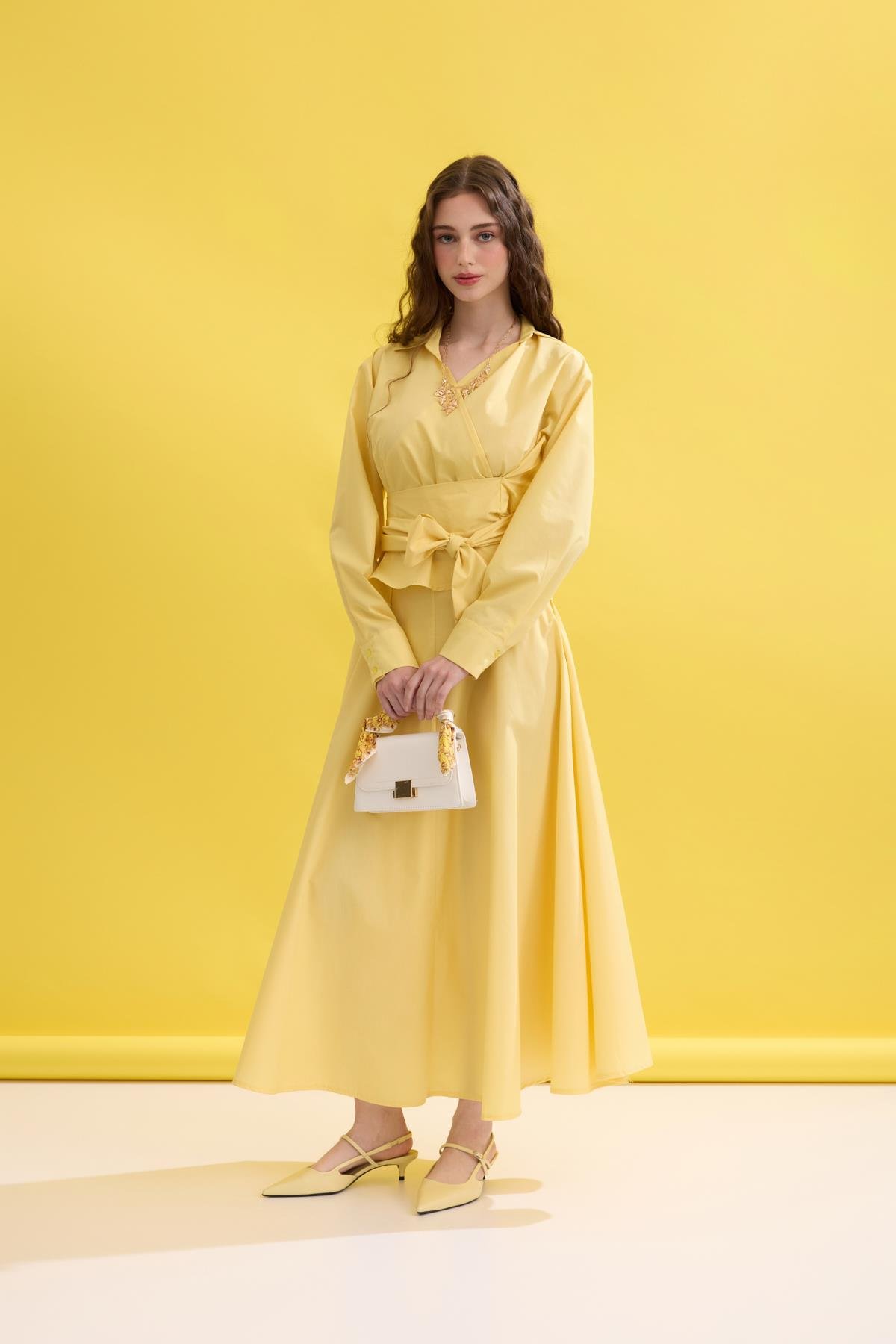 Anna Bağlamalı Poplin Takım- Sarı