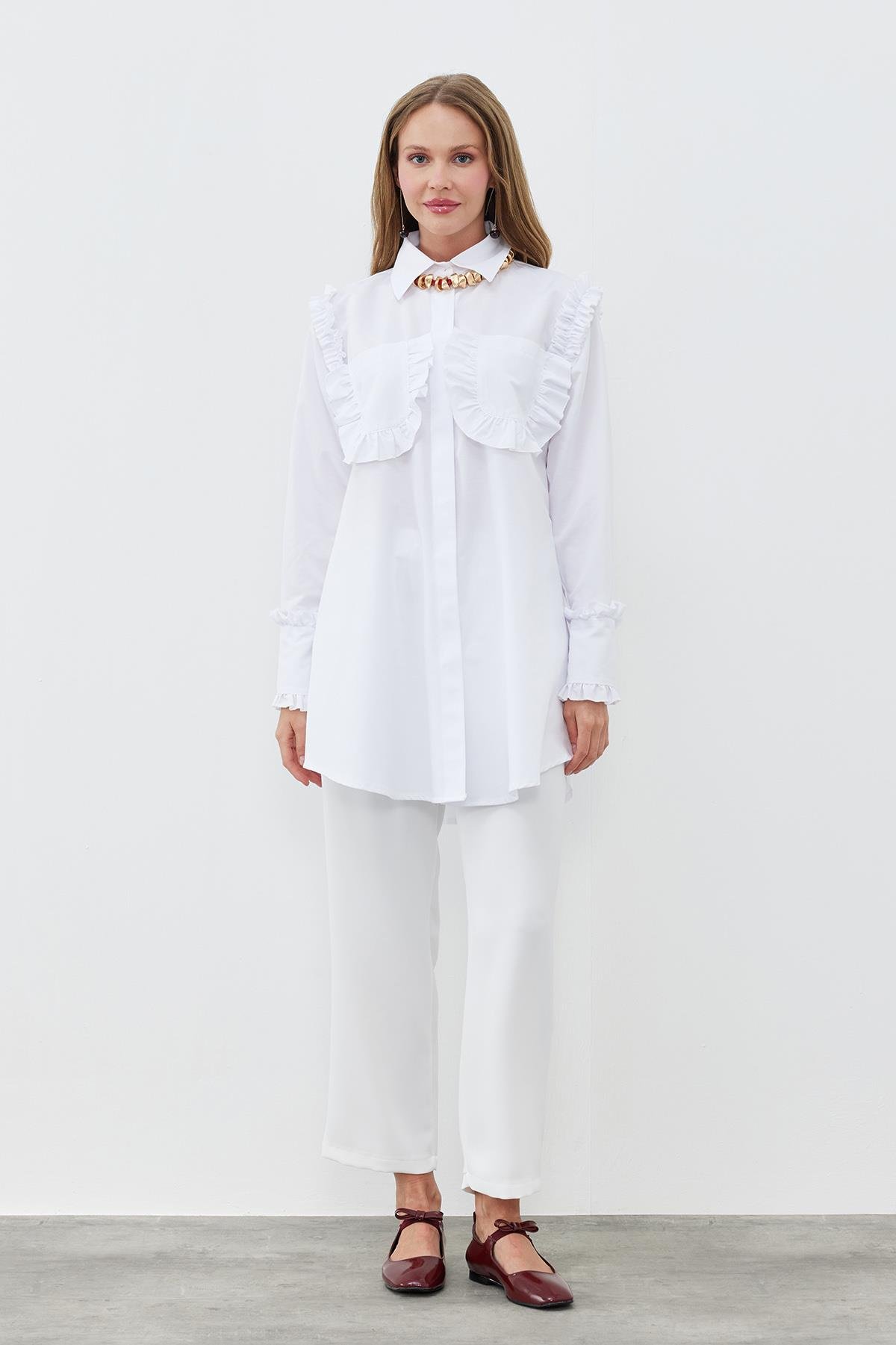 APRİL CEP DETAYLI FIRFIRLI GÖMLEK  - BEYAZ