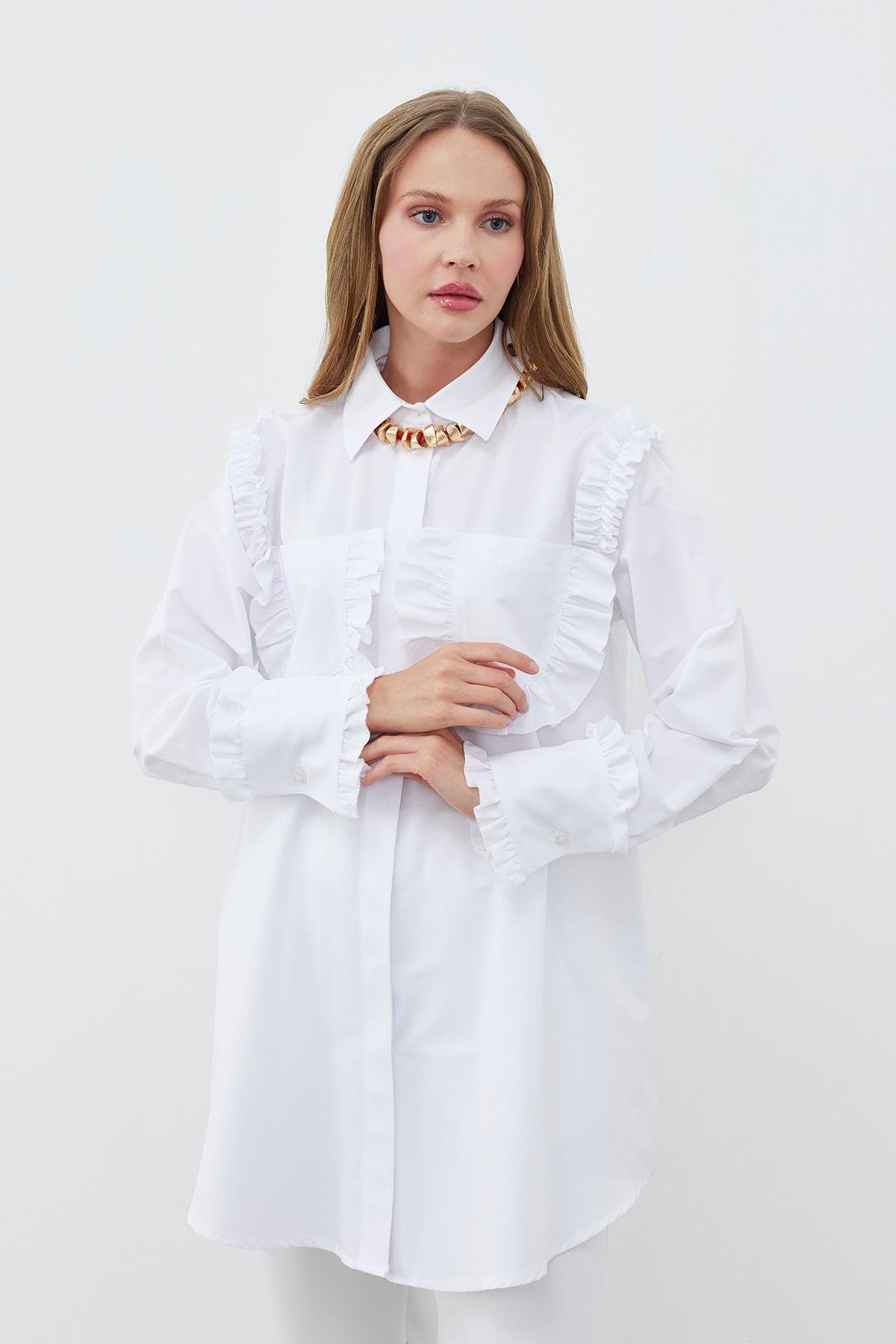 APRİL CEP DETAYLI FIRFIRLI GÖMLEK  - BEYAZ