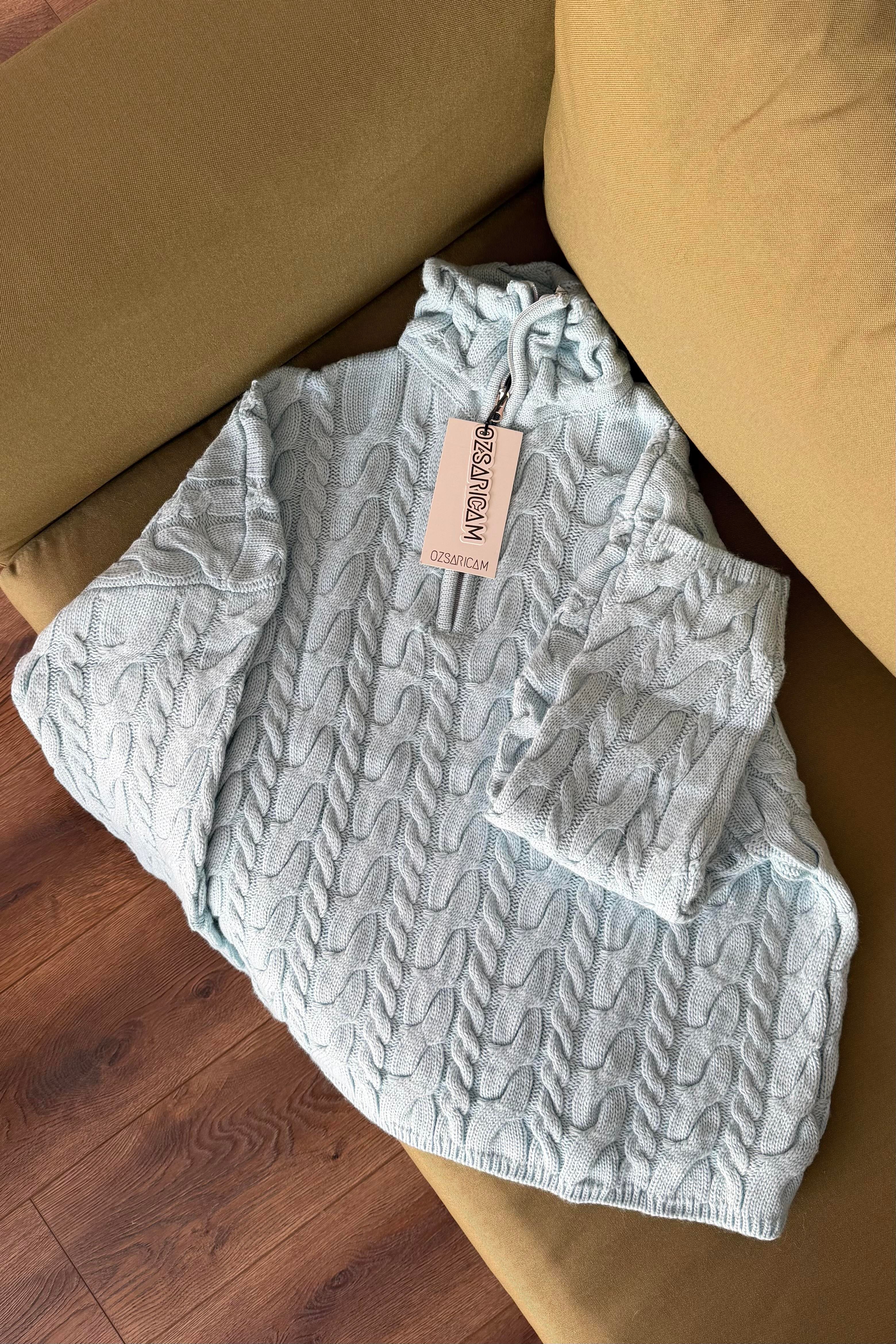 Ariana Saç Örgülü Fermuarlı Kazak - Bebe mavi 