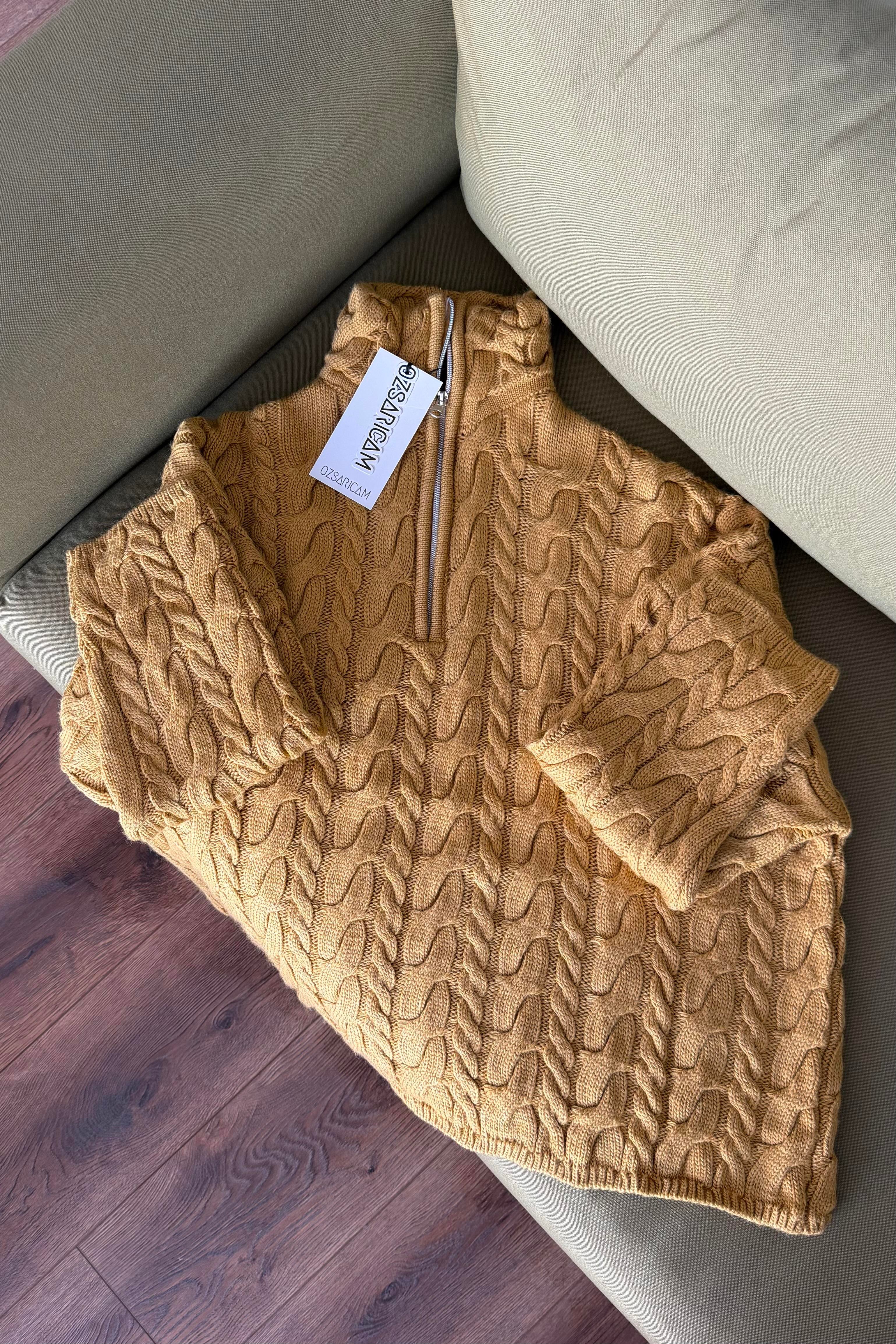 Ariana Saç Örgülü Fermuarlı Kazak - Hardal 