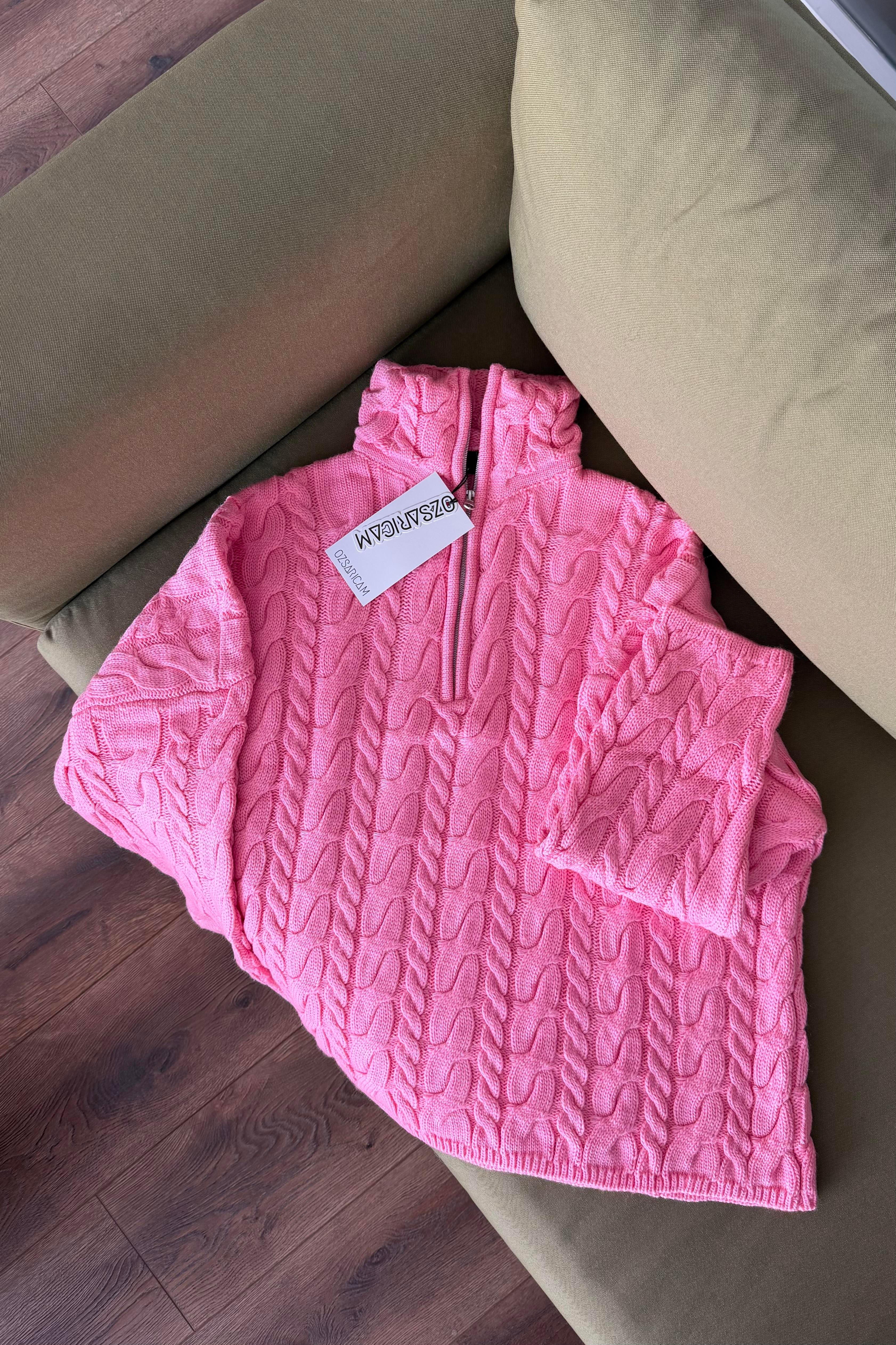 Ariana Saç Örgülü Fermuarlı Kazak - Pembe