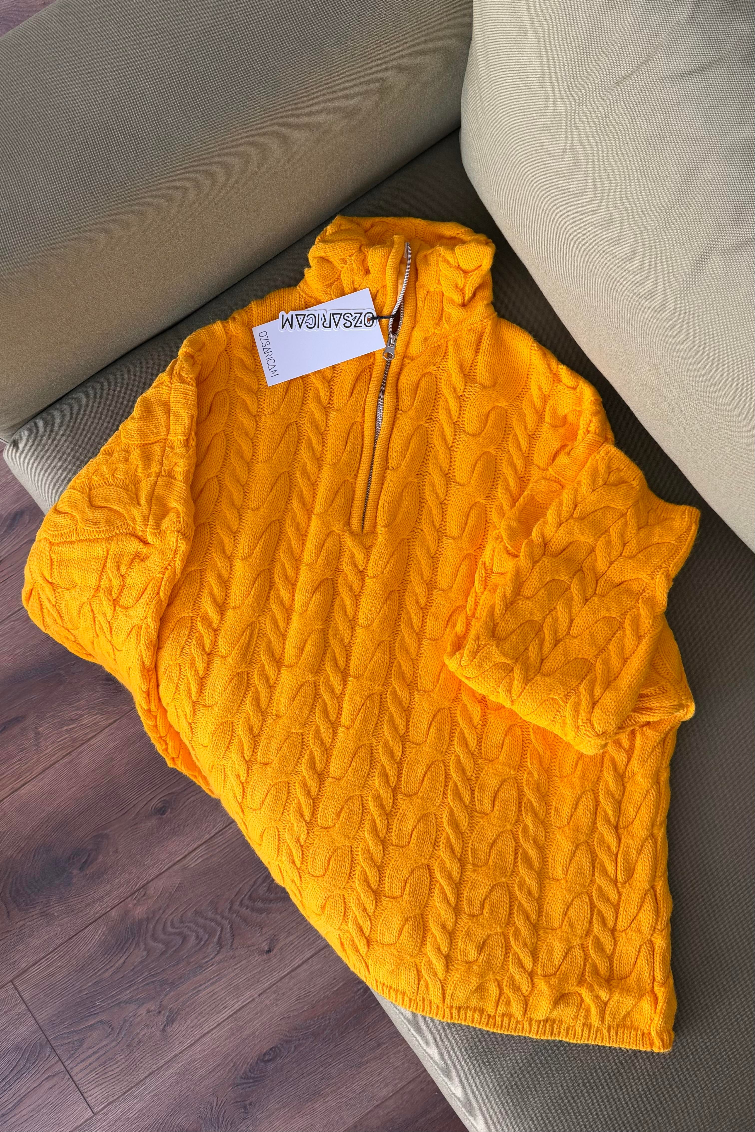 Ariana Saç Örgülü Fermuarlı Kazak - Turuncu