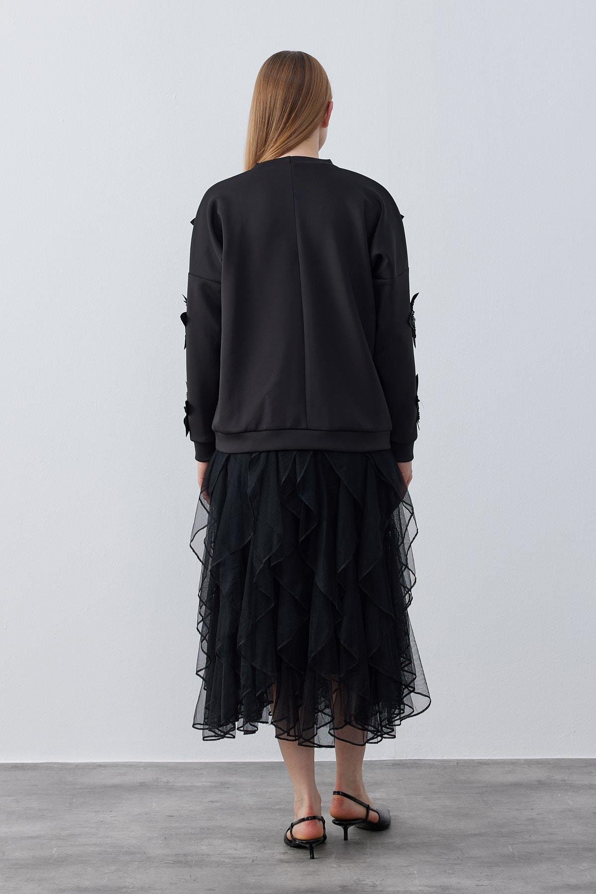 Aura Çiçek Motifli Skuba Tunik-Siyah