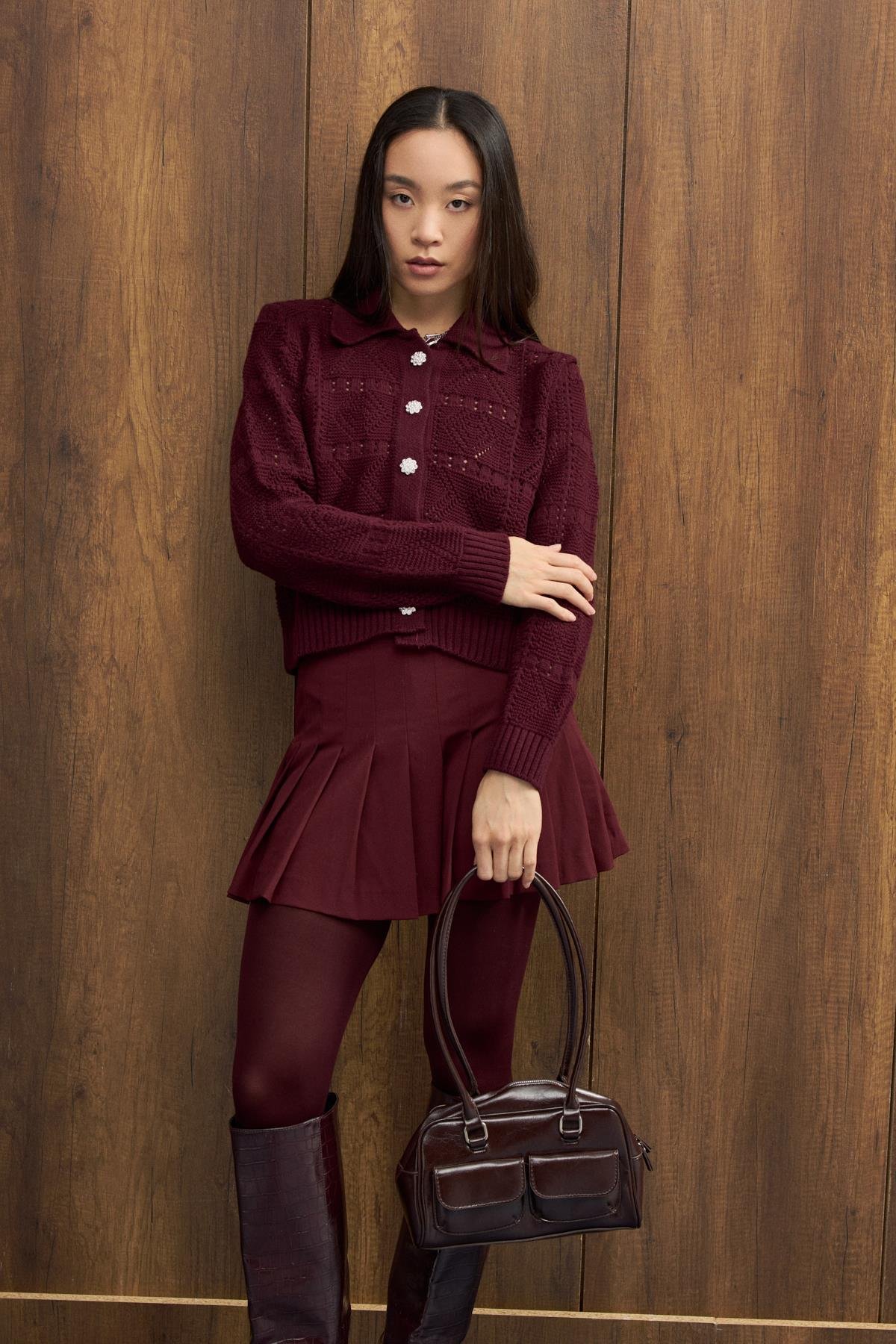 Azur Taşlı Düğmeli Hırka - Bordo 