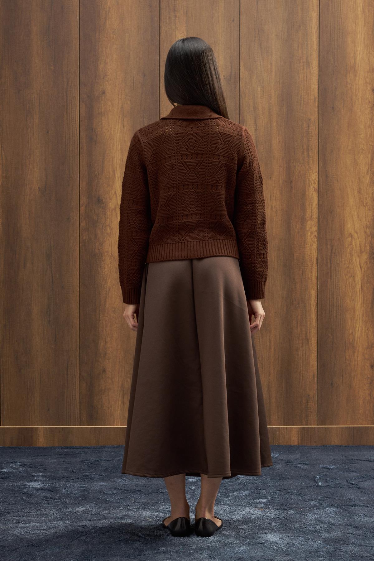 Azur Taşlı Düğmeli Hırka - Kahverengi 