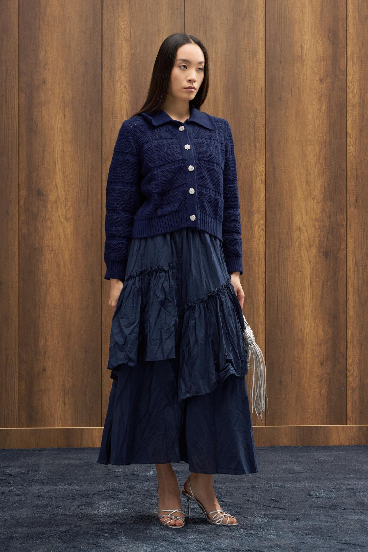 Azur Taşlı Düğmeli Hırka - Lacivert