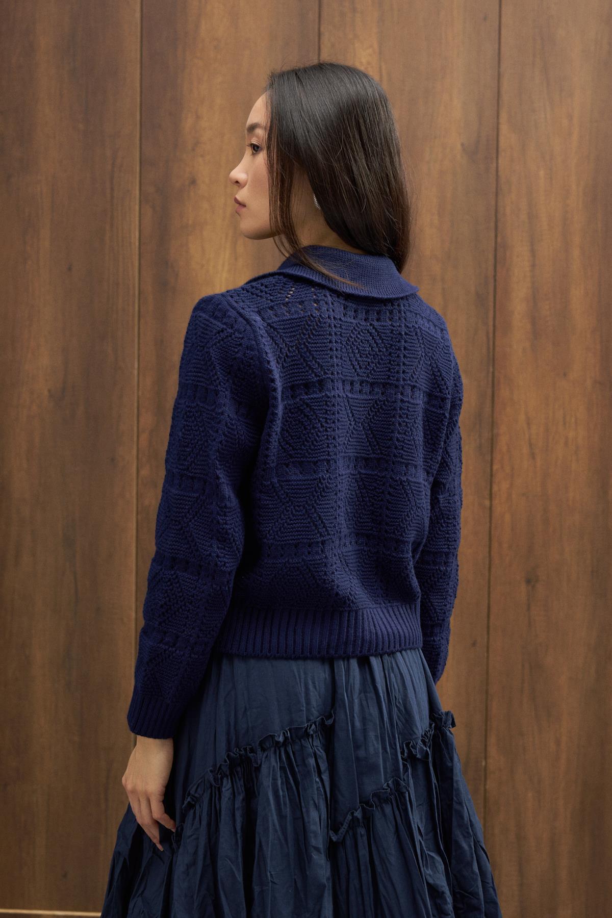 Azur Taşlı Düğmeli Hırka - Lacivert