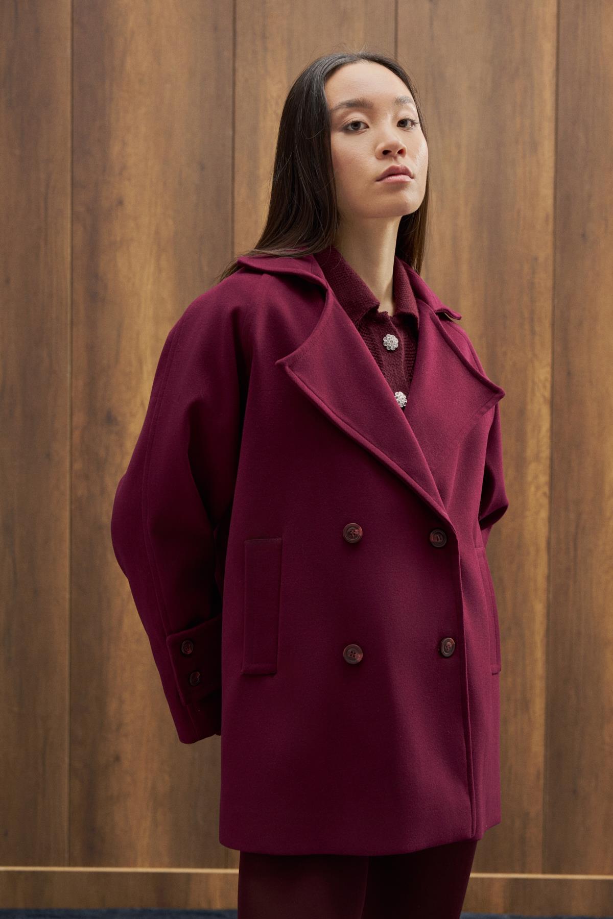 Begonia Kruvaze Kapamalı Kaşe Kaban - Mürdüm 