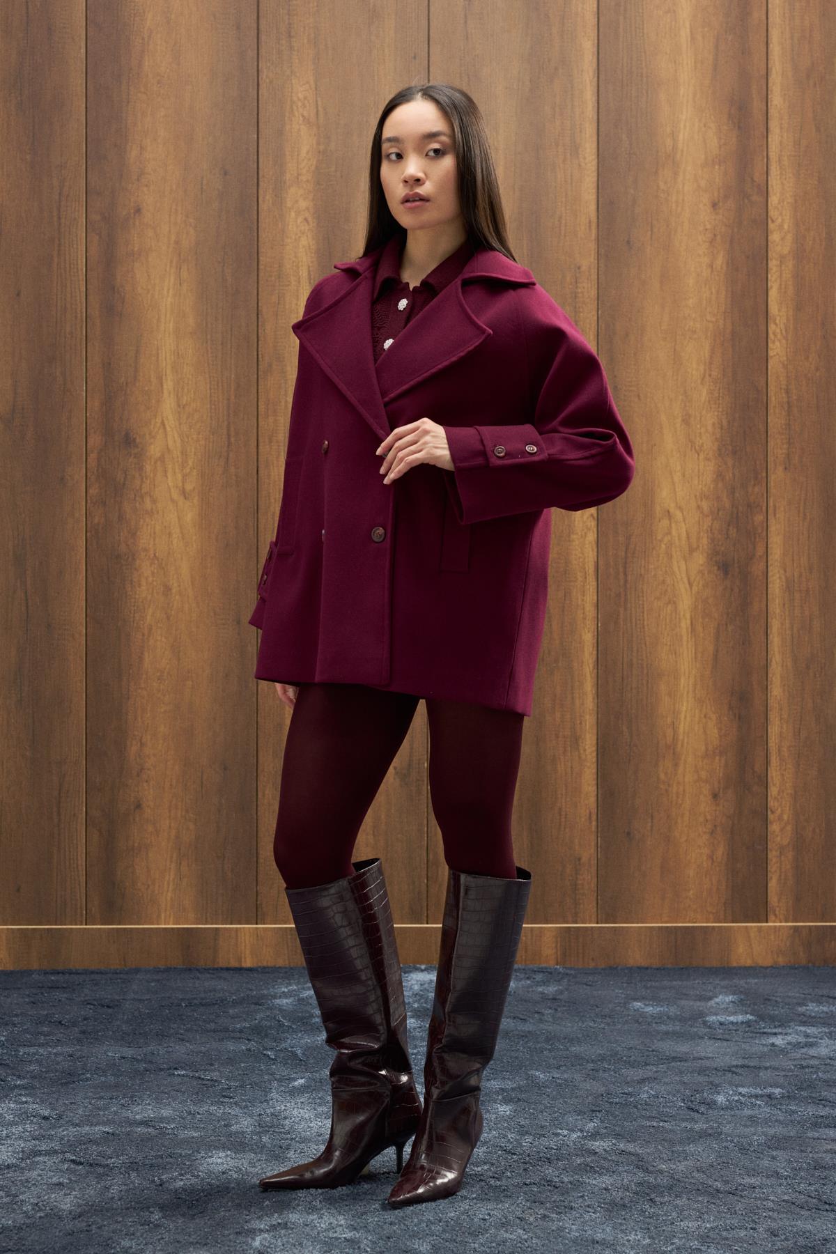 Begonia Kruvaze Kapamalı Kaşe Kaban - Mürdüm 