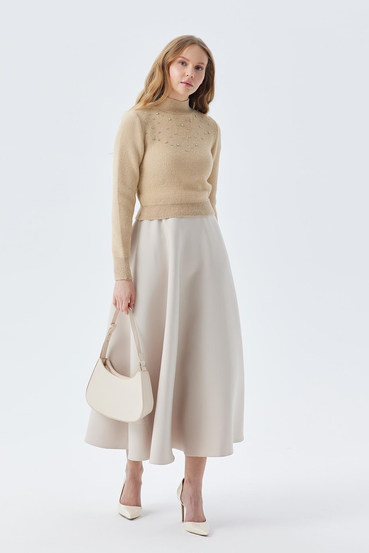 BELİNDA TAŞ İŞLEMELİ YUMOŞ KAZAK - VİZON