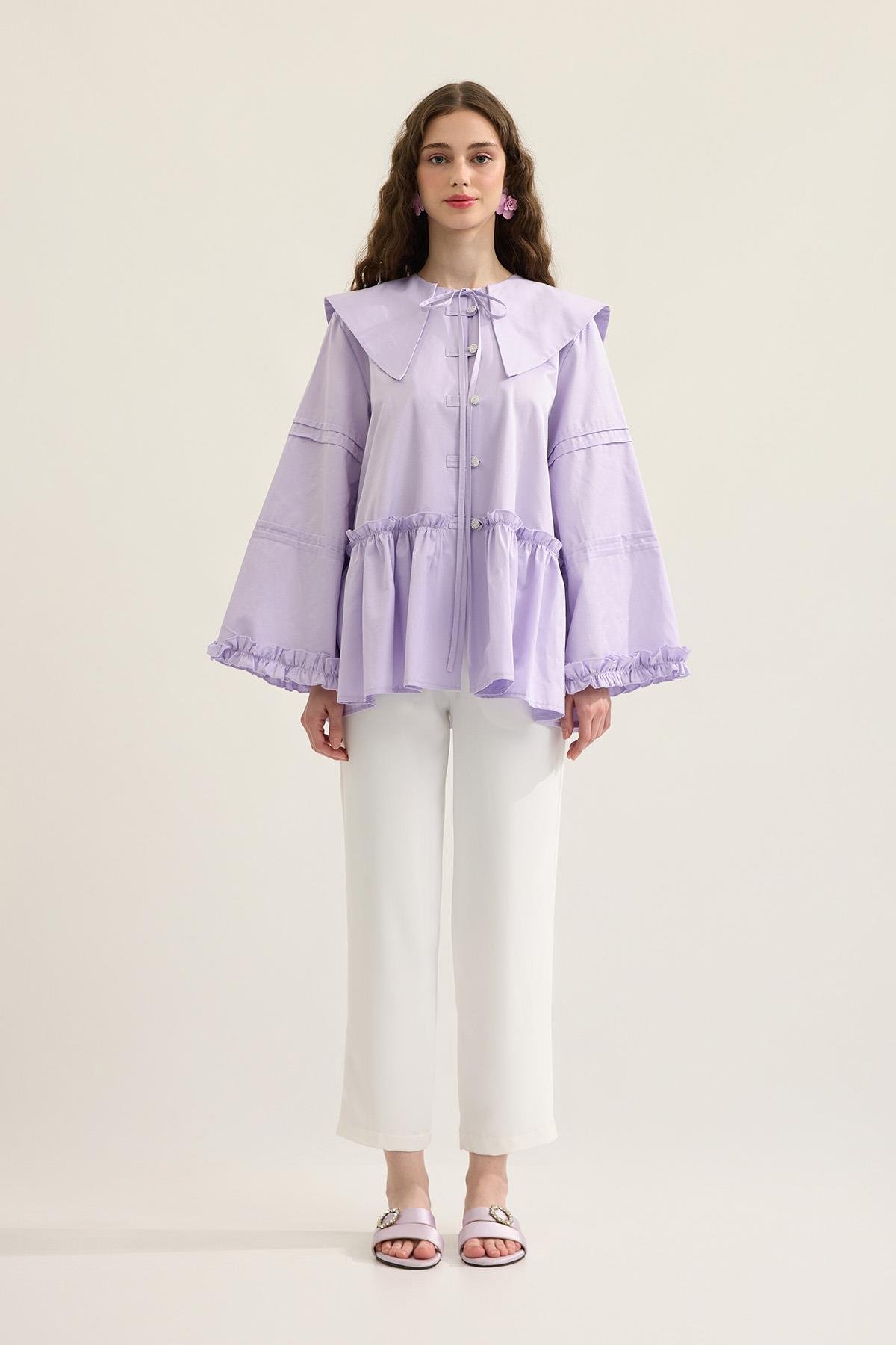 Bella Allerli Büzgülü Geniş Yaka Gömlek - Lila