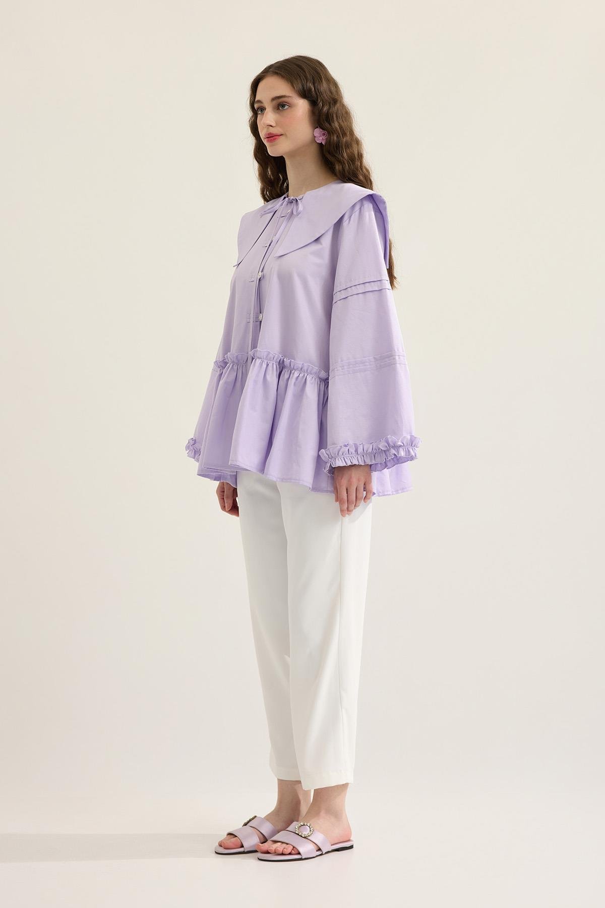 Bella Allerli Büzgülü Geniş Yaka Gömlek - Lila