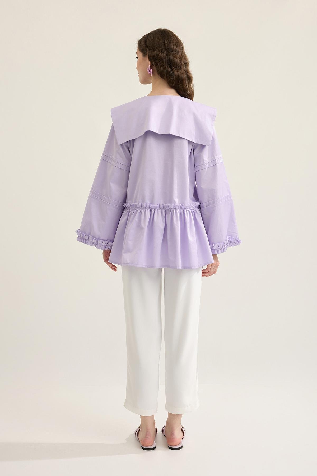 Bella Allerli Büzgülü Geniş Yaka Gömlek - Lila