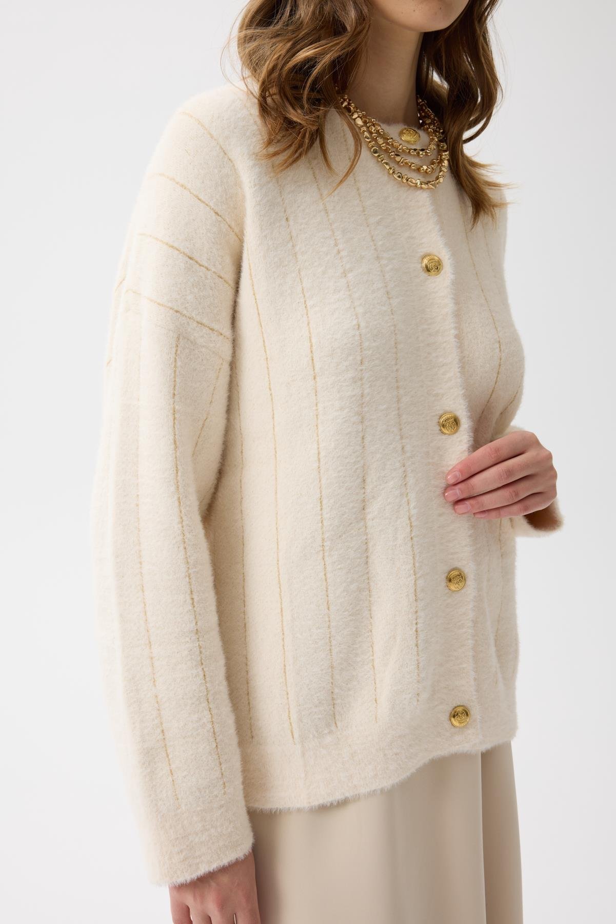 Belle Gold Geçişli Angora Hırka - Krem 