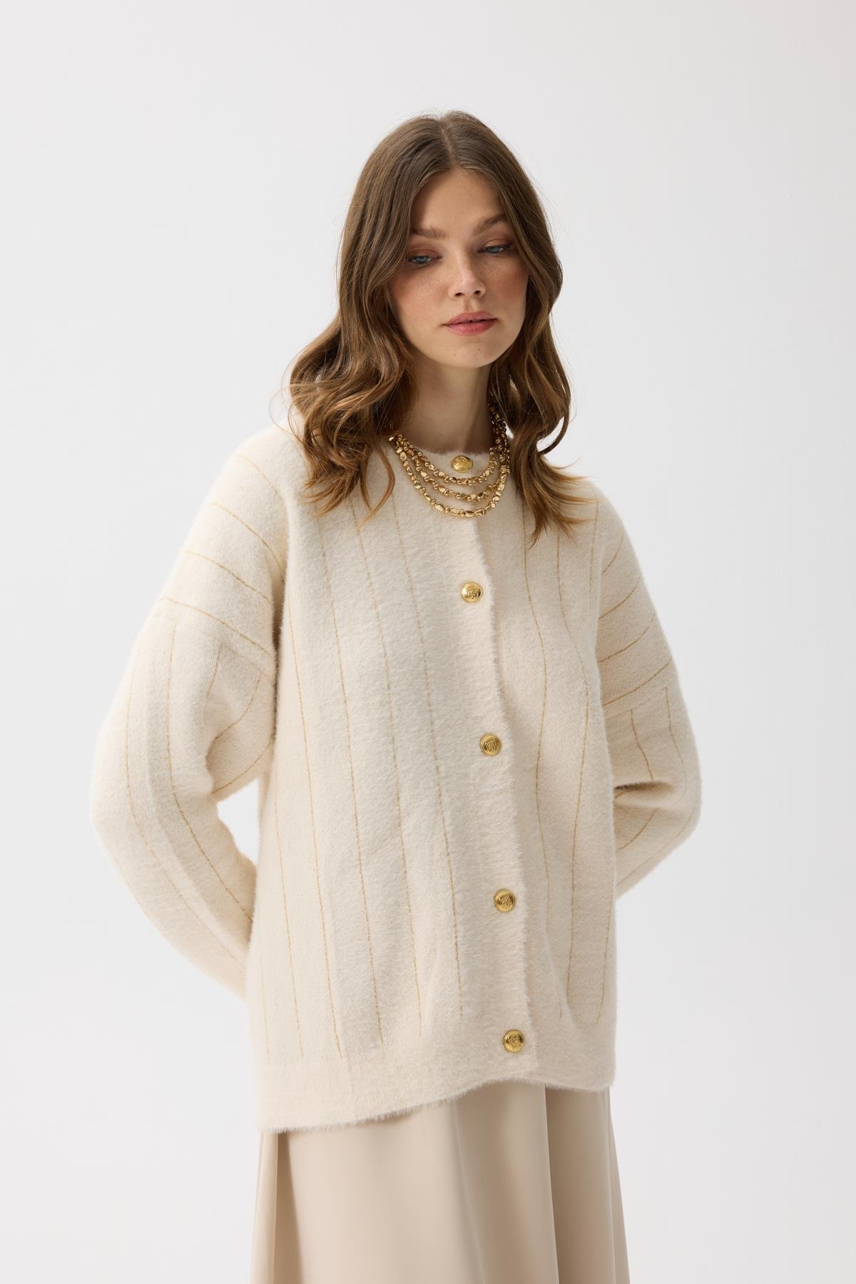 Belle Gold Geçişli Angora Hırka - Krem 