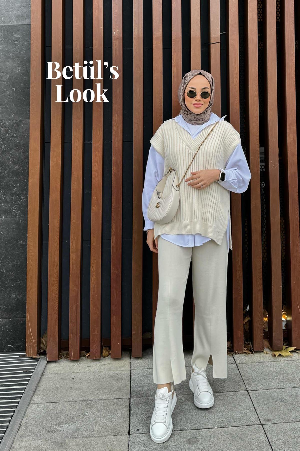 BETÜL'ÜN MİA SÜVETER, AMOR BASİC GÖMLEK VE LİYA ÖNDEN YIRTMAÇLI TRİKO PANTOLON KOMBİNİ